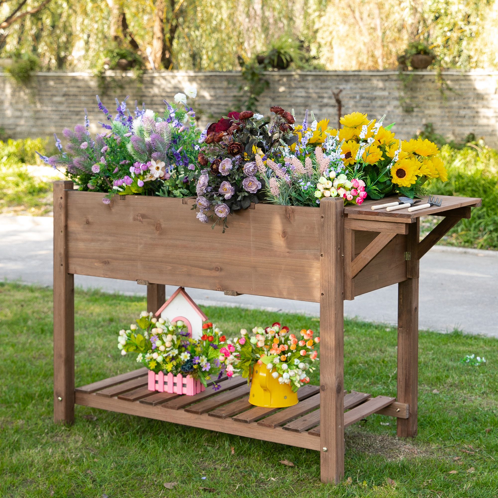 Outsunny Hochbeet Pflanzkasten mit 8 geteilten Gittern faltbare Ablage Blumenkasten Blumentopf Kräuterbeet Massivholz Braun 123 x 54 x 80 cm