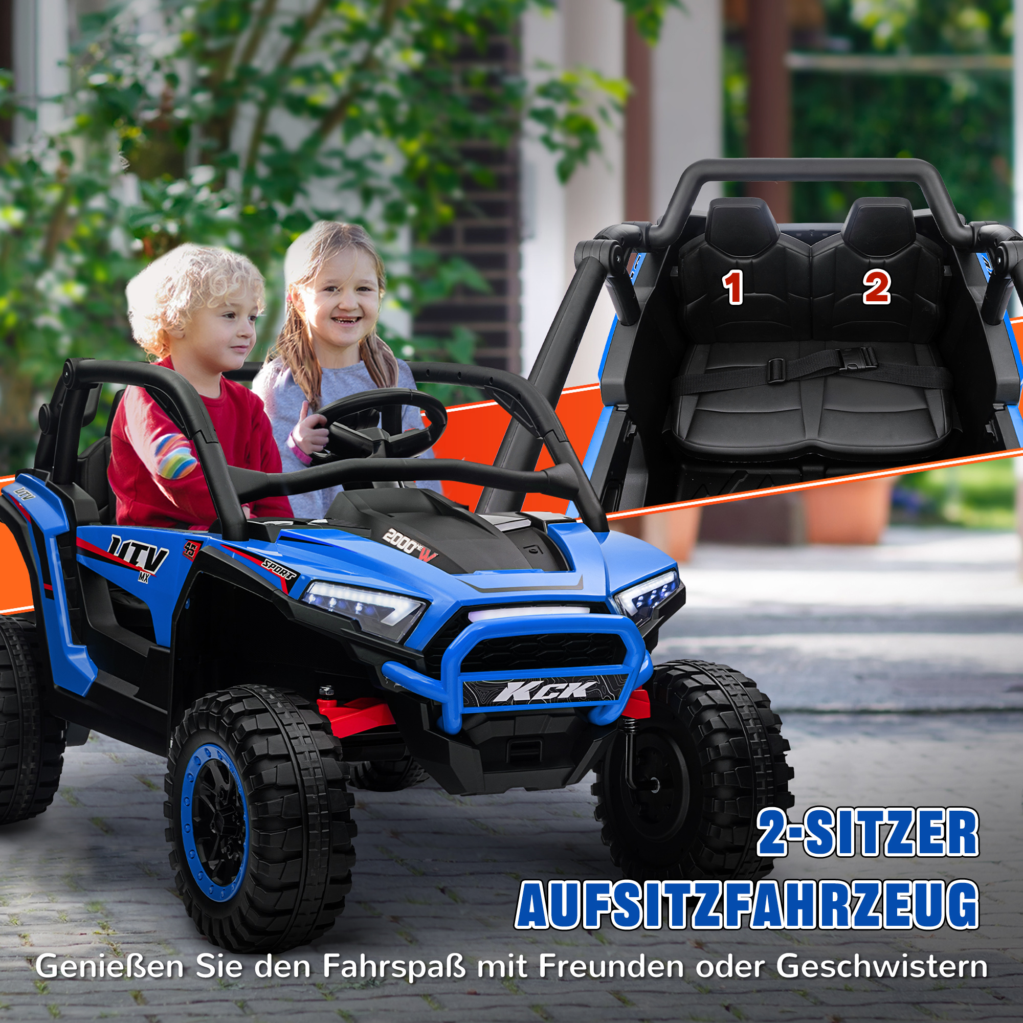 AIYAPLAY Kinderauto Elektrische SUV, 5-7 km/u, 2-Zitter, Afstandsbediening, Muziek, Licht, 1u Rijtijd, Blauw