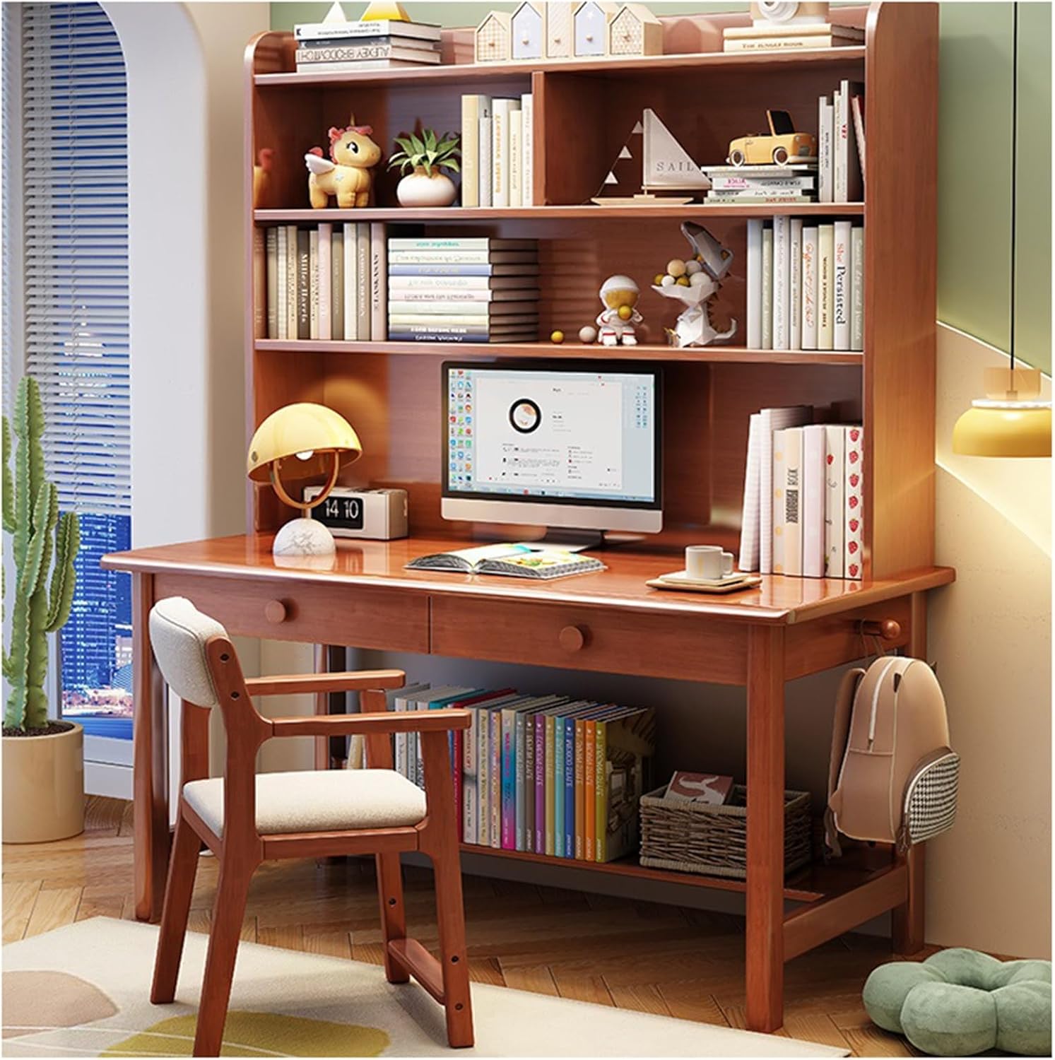 Scrivania da Studio Semplice in Legno massello con libreria Integrata, Ideale per l'home Office o l'uso in Camera da Letto (Colore: Noce Nessuna Sedia, Dimensioni: 80x60x190cm)