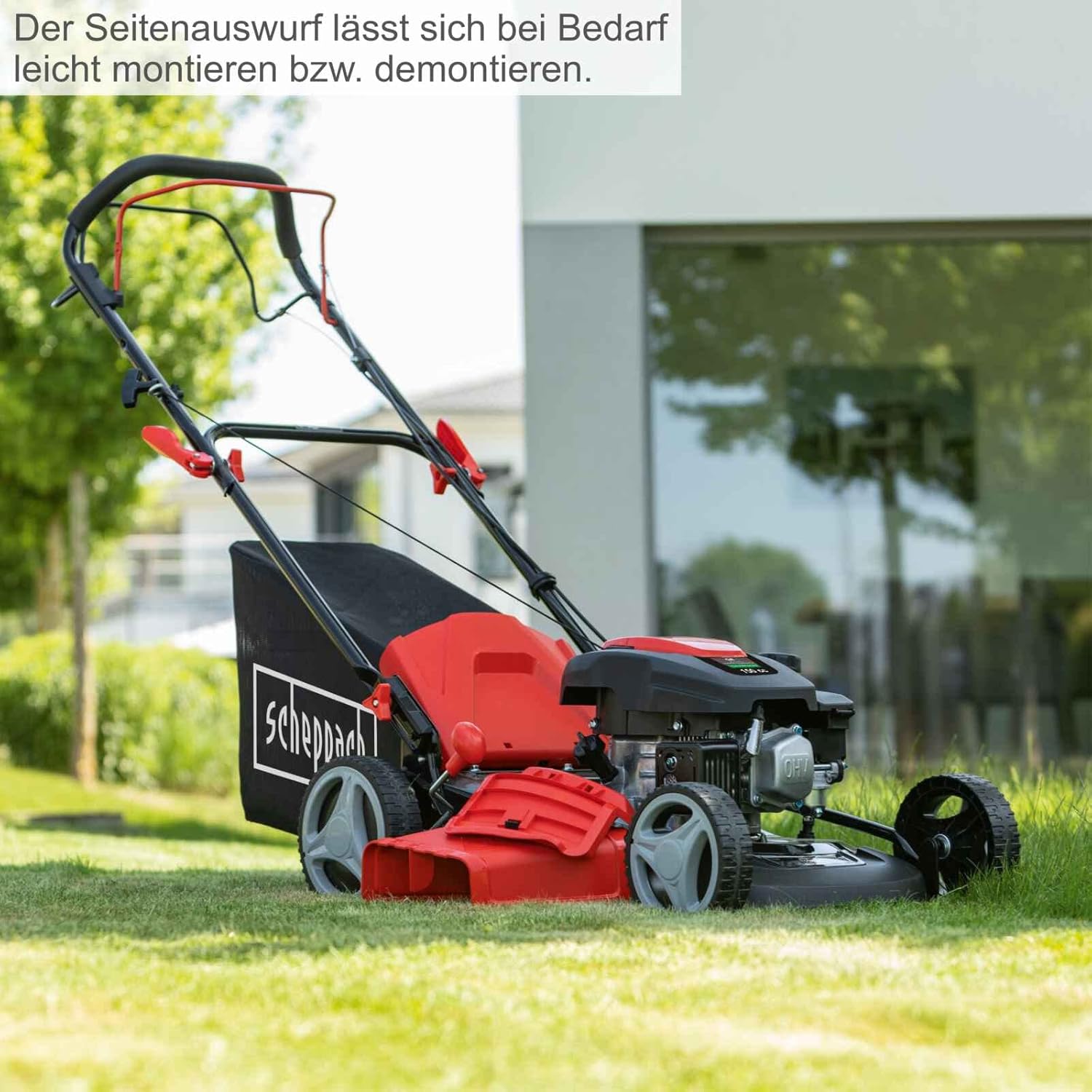 Scheppach MS161-46 Benzin Rasenmäher - 46 cm Schnittbreite | 55 Liter Fangkorb | Stahlgehäuse | 7-stufige Höhenverstellung | Mulchfunktion | Radantrieb | Seitenauswurf | inkl. Motoröl