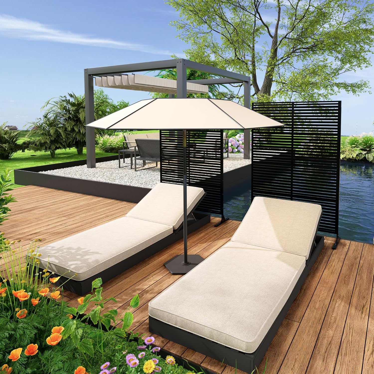 Sichtschutz Metall, Freistehender Paravent 180x120 cm, Wetterfester Sichtschutz Für Garten Terrasse Balkon Outdoor Deko, Raumteiler Mit Ständer, Verzinkter Stahl, Horizontalstreifen Schwarz