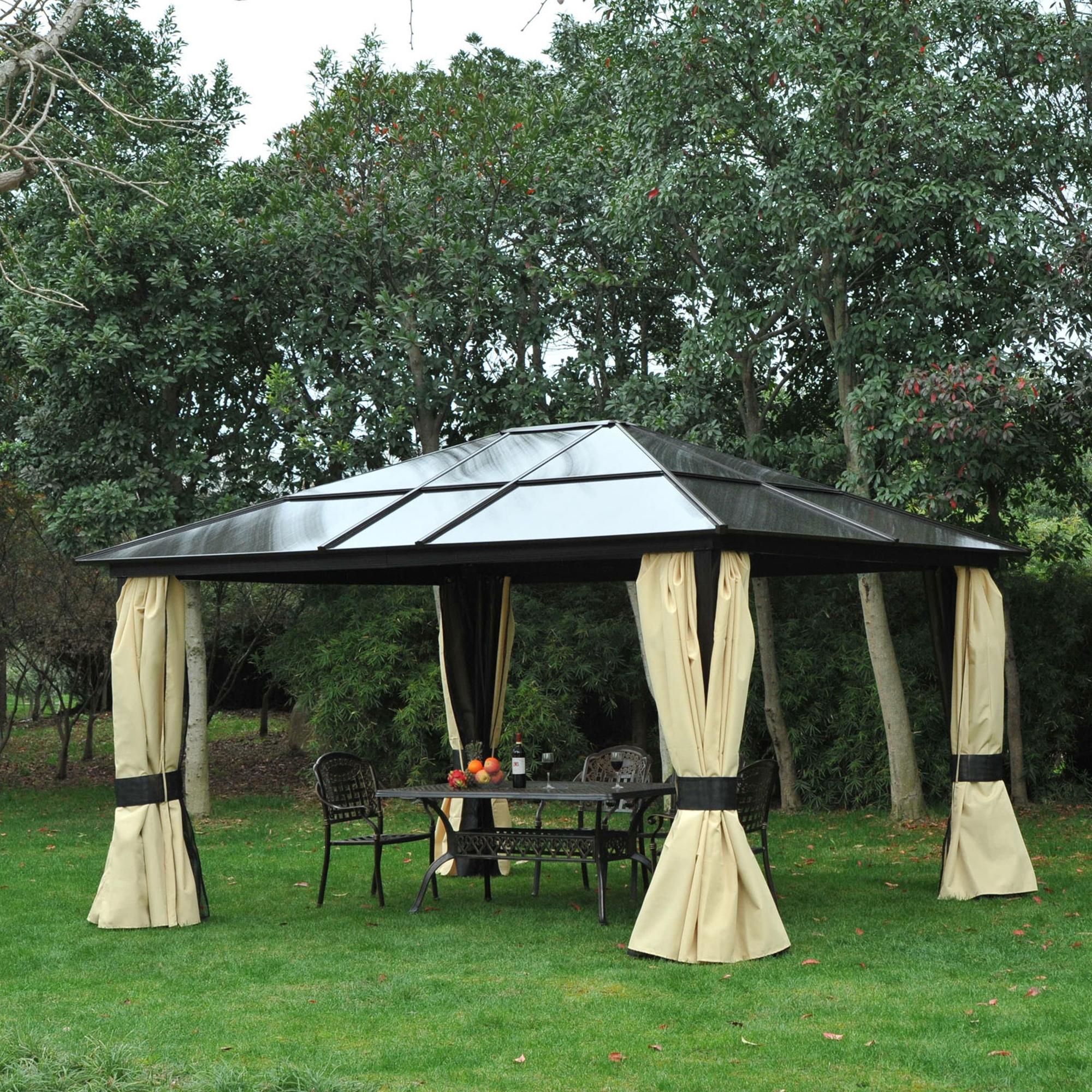 Outsunny Hardtop-Gartenpavillon 4,2 x 3,6 m, Vorhänge mit Fliegennetz, Alugestell, Braun+Creme