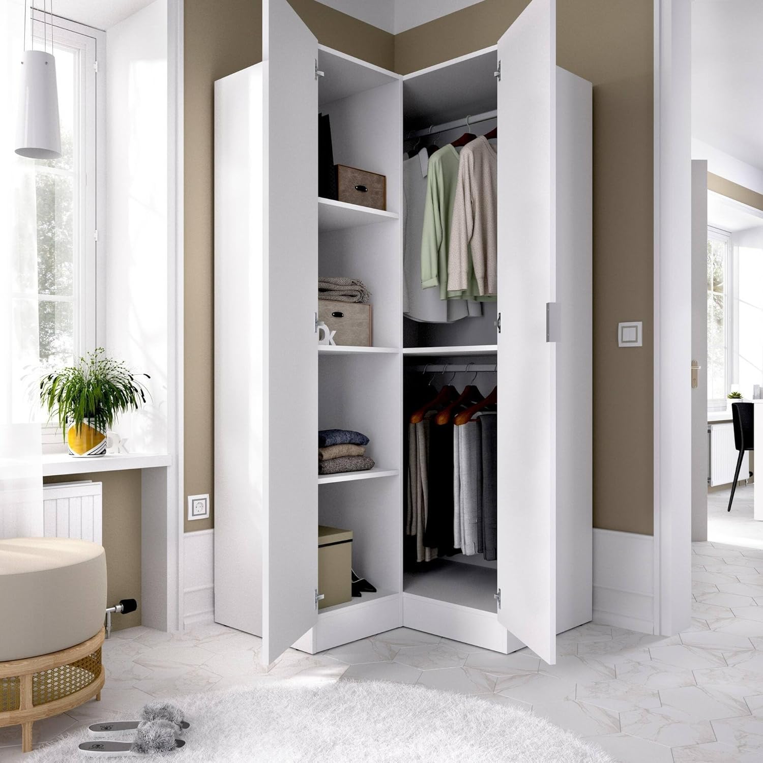 Dmora Elgon Wardrobe 2 Doors 92.5 x 184 H cm White Coat Rack 4 Shelves, Bedroom Wardrobe 2 Doors