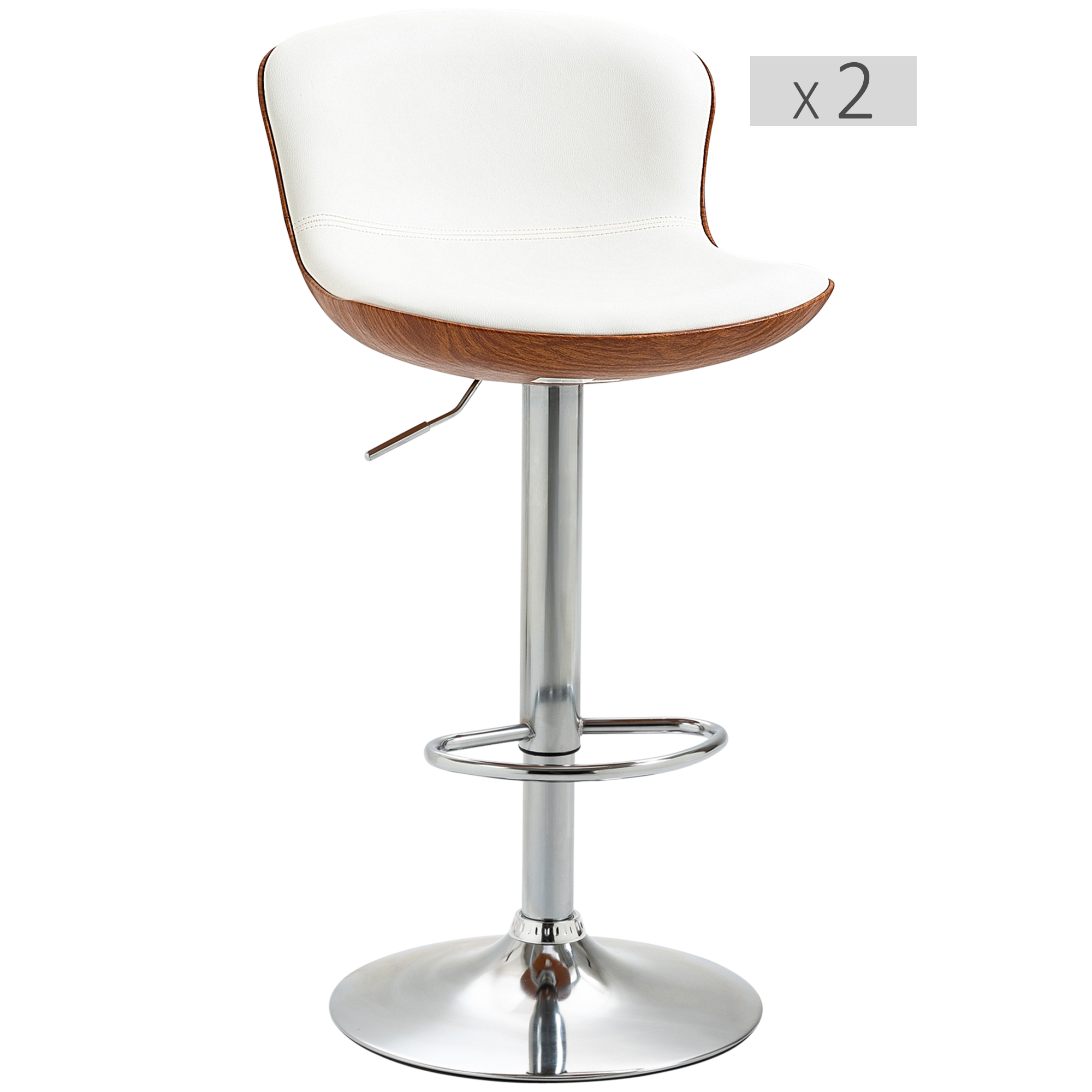HOMCOM Set mit 2 zeitgenössischen Design-Barhockern, höhenverstellbar von 64-85 cm, 360° drehbar, Kunstlederbezug in Creme und Holzoptik