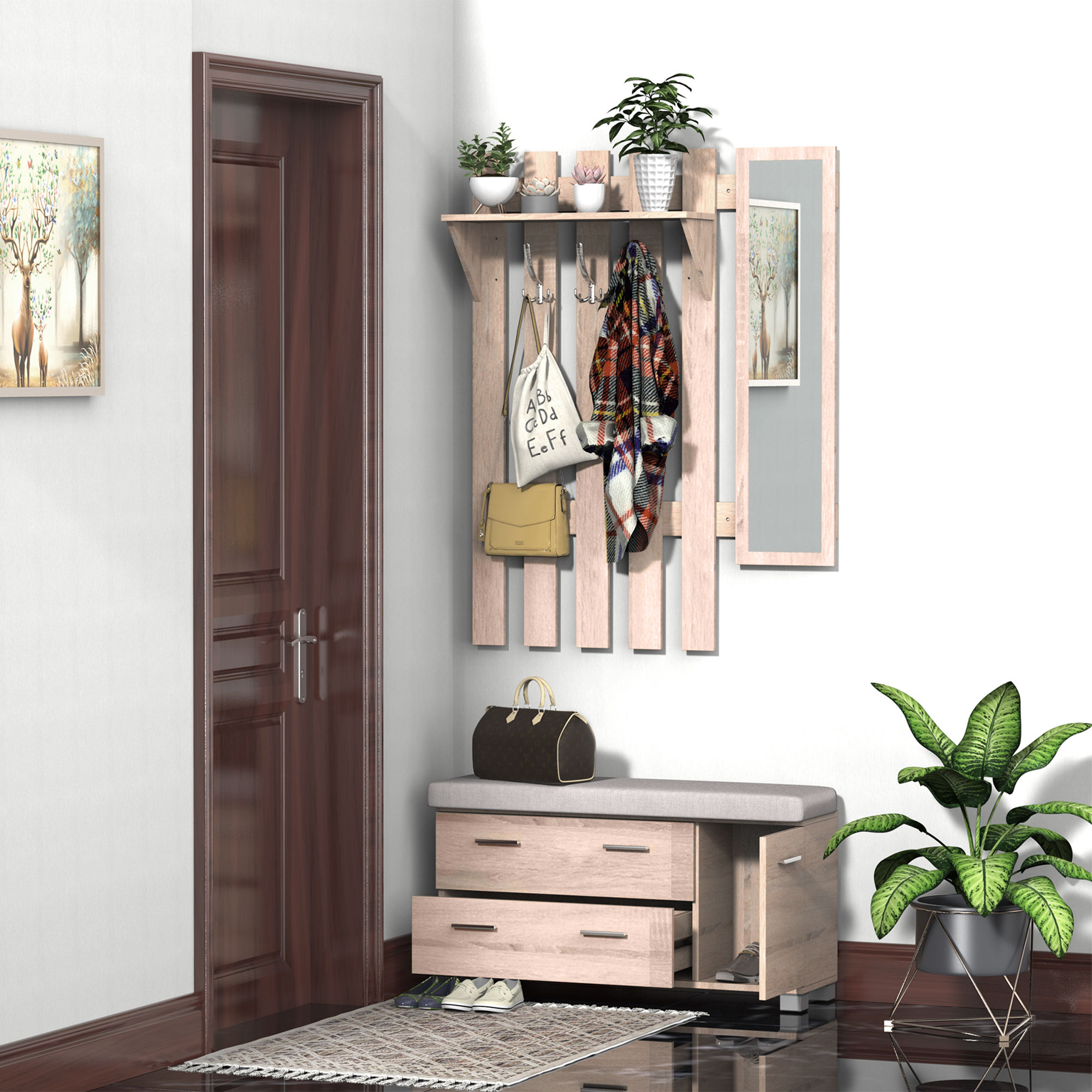 HOMCOM Set Garderobenmöbel 3 in 1 mit Spiegel und Schuhschrank für den Eingangsbereich Spanplatte 90 x 21,5 x 116 cm Eiche