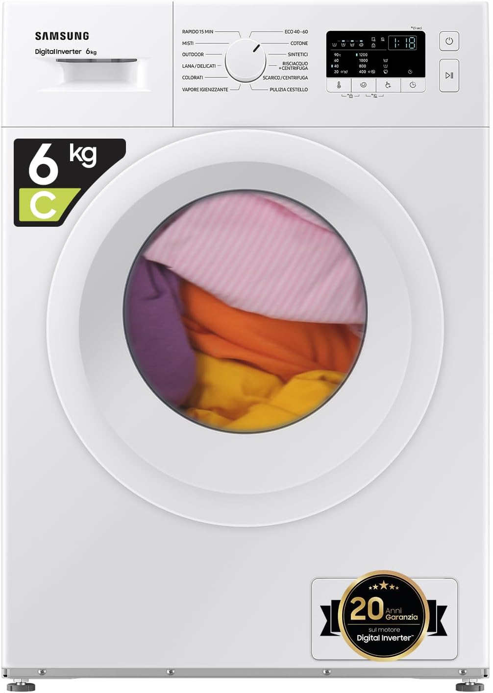 Samsung Lavatrice Slim WW70FG3M05TW/ET Libera installazione, 7 Kg, Vapore Igienizzante, Carica Frontale, Corpo e oblò: Bianco, Display: Nero, 59,5l x 85h x 45,5p cm
