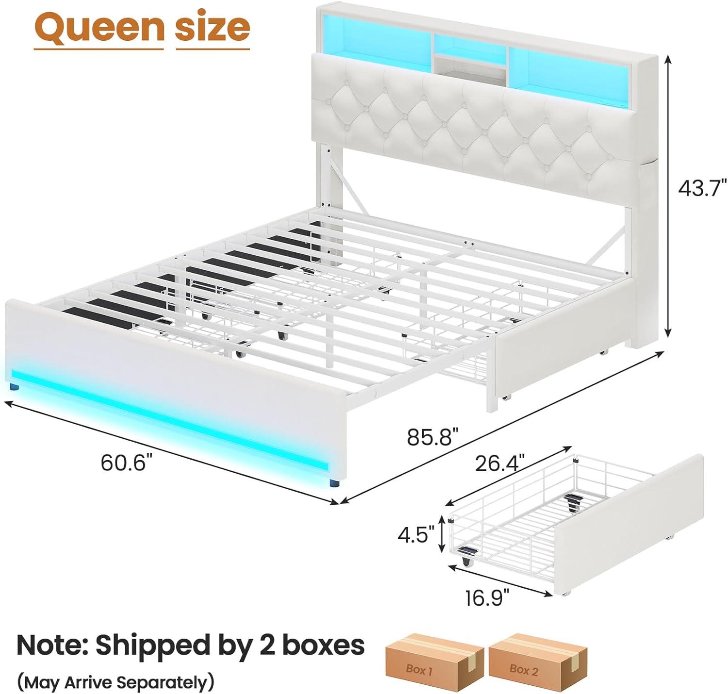 Queen Bed Frame with Bookcase Headboard,LED Bed Frame with 4 Storage Drawers,Power Outlet, Modern Velvet Upholstered Platform Bed with 5 Shelf, No Box Spring Needed, Creamy White