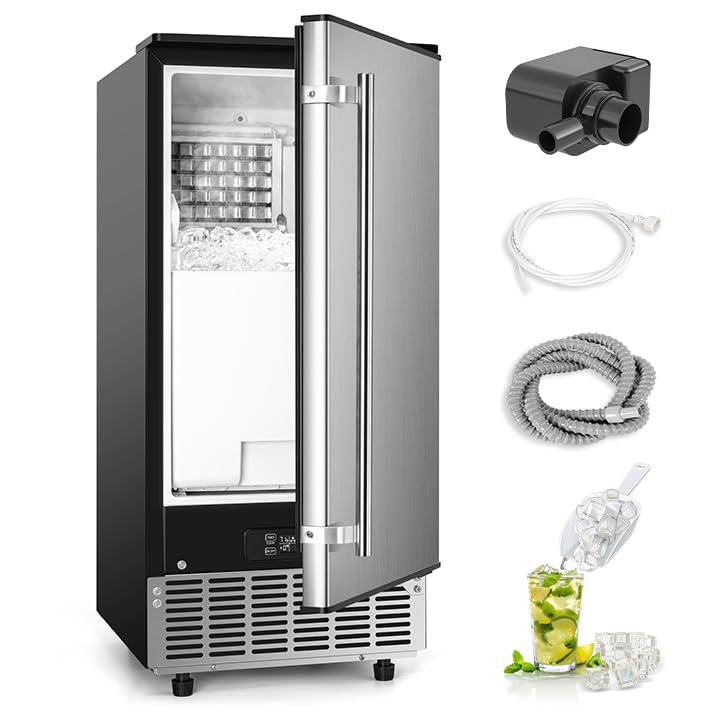 Máquina de Hielo Comercial Bajo Mostrador, 80 lbs/día con 24 lbs de Almacenamiento de Hielo, Bomba de Drenaje Integrada/Limpieza Automática/Ajuste de Temporizador/Pantalla LCD Inteligente, Ideal para Uso Doméstico y Comercial