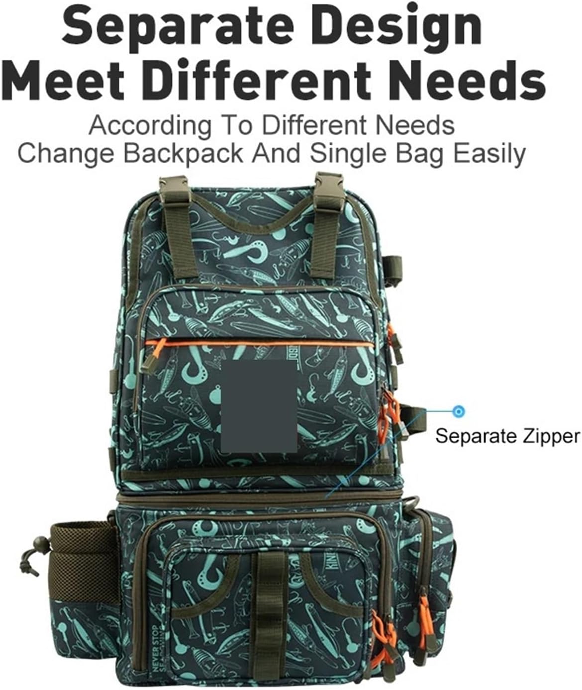 Angelrucksack, 1000D wasserdichtes Nylon, 43 x 24 x 53 cm, großes Fassungsvermögen, multifunktionaler, Abnehmbarer Stauraum for das Winterangeln
