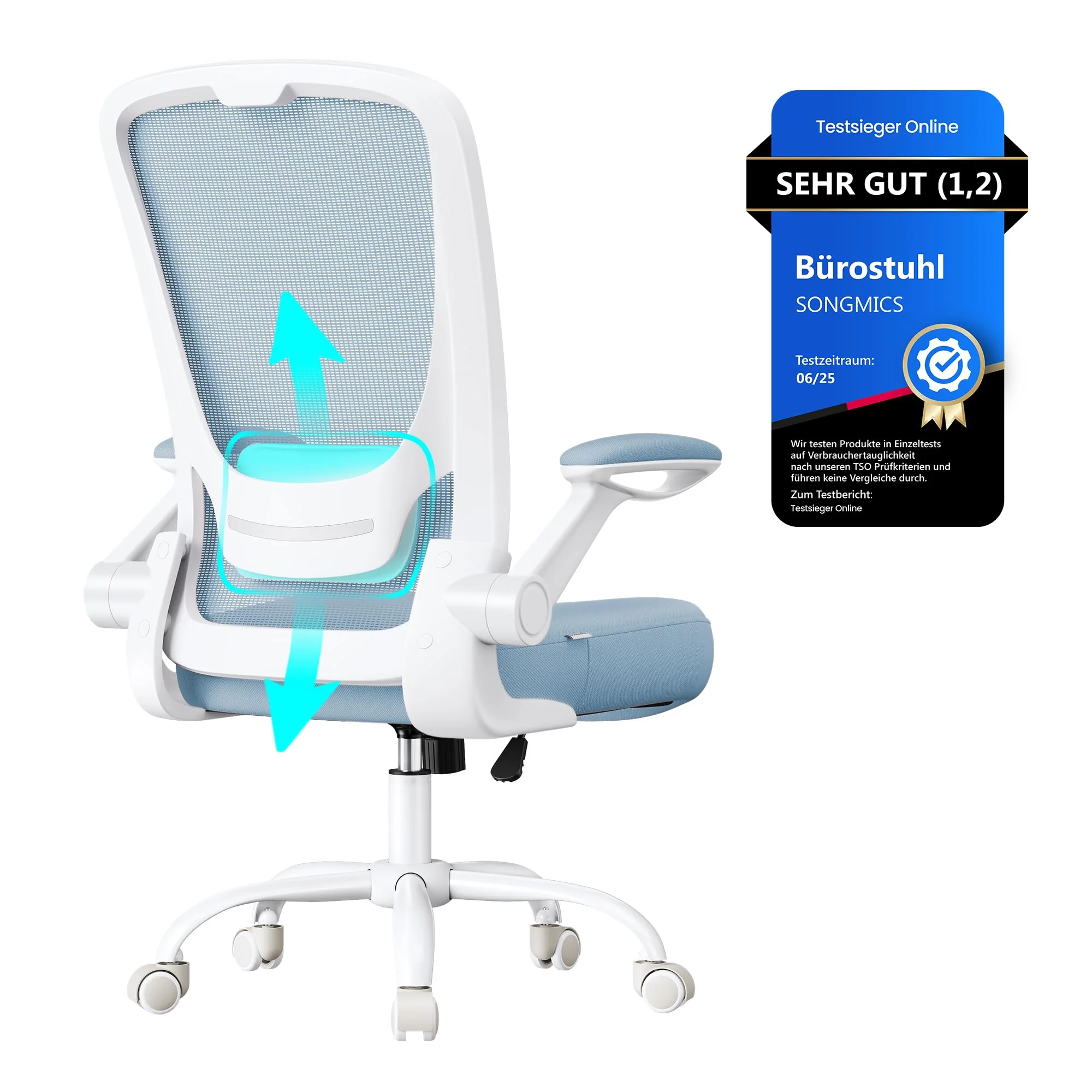 SONGMICS Ergonomischer Bürostuhl mit klappbaren Armlehnen und höhenverstellbarem Sitz