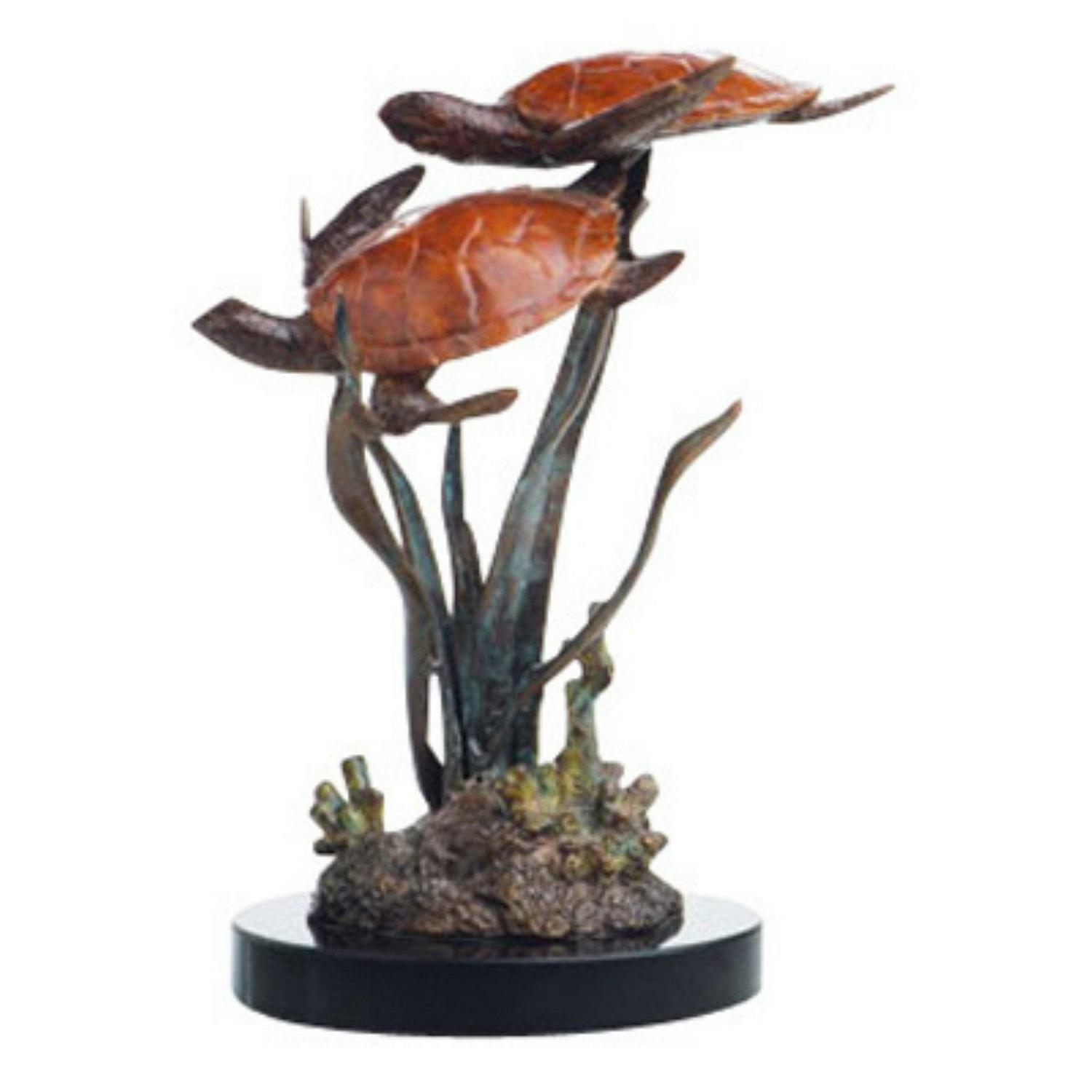 San Pacific International Double Sea Turtle Brass Statue, 10′′ Hand-Finished with Marble Base