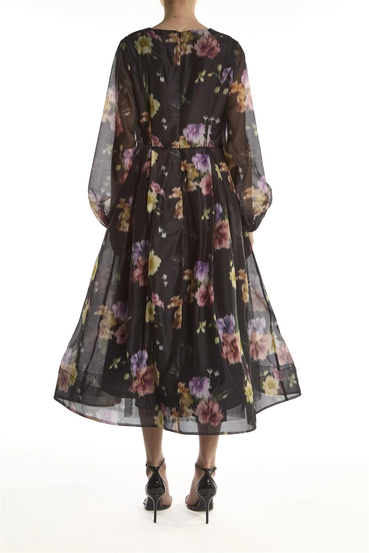 Black Blur Flower Long-Sleeve V-Neck Midaxi-Dress