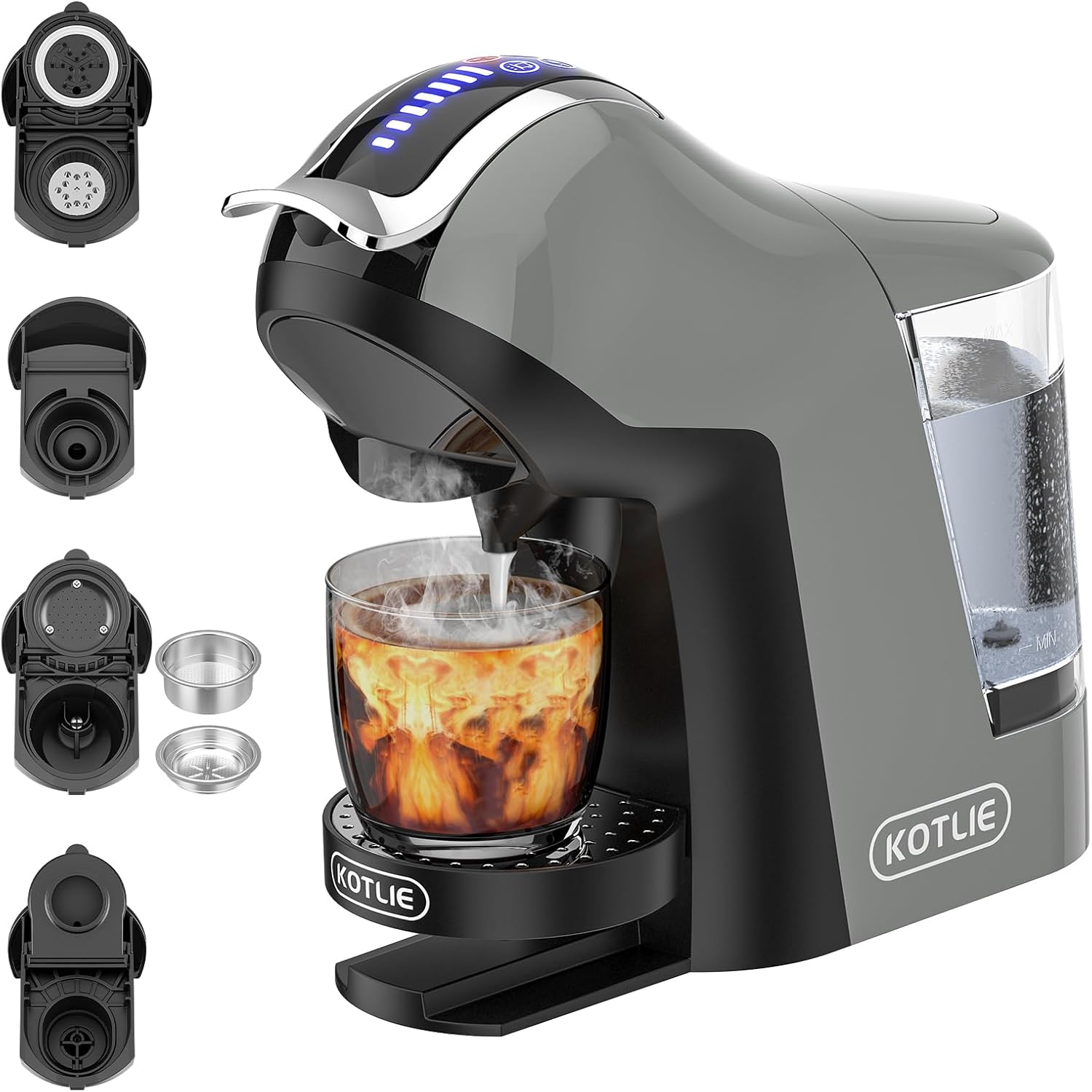 KOTLIE Macchina Multifunzione 5 in 1 per Caffè Macinato, Capsule, ESE (44mm), Temperatura e Volume Regolabili, Serbatoio Acqua ad Alta Capacità（EM-308A）