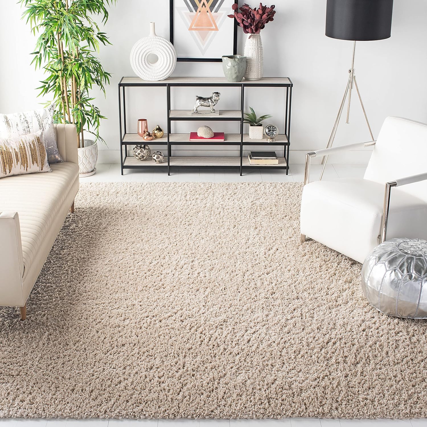SAFAVIEH August Shag Collection Area Rug - 9' x 12', Beige, Solid Design, Non-Shedding & Easy Care, 1.5-inch Thick Ideal for High Traffic Areas in Living Room, Bedroom (AUG200D)