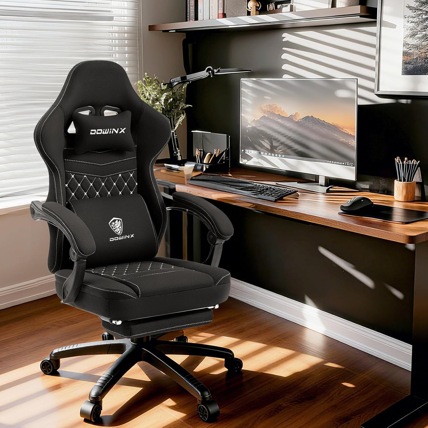 Dowinx Gaming Chair Breathable Fabric Game Chair with Gel Pad and Storage Bag, Comfortable Gamer Chair with Pocket Spring Cushion,Ergonomic Computer Chair with Footrest,Black