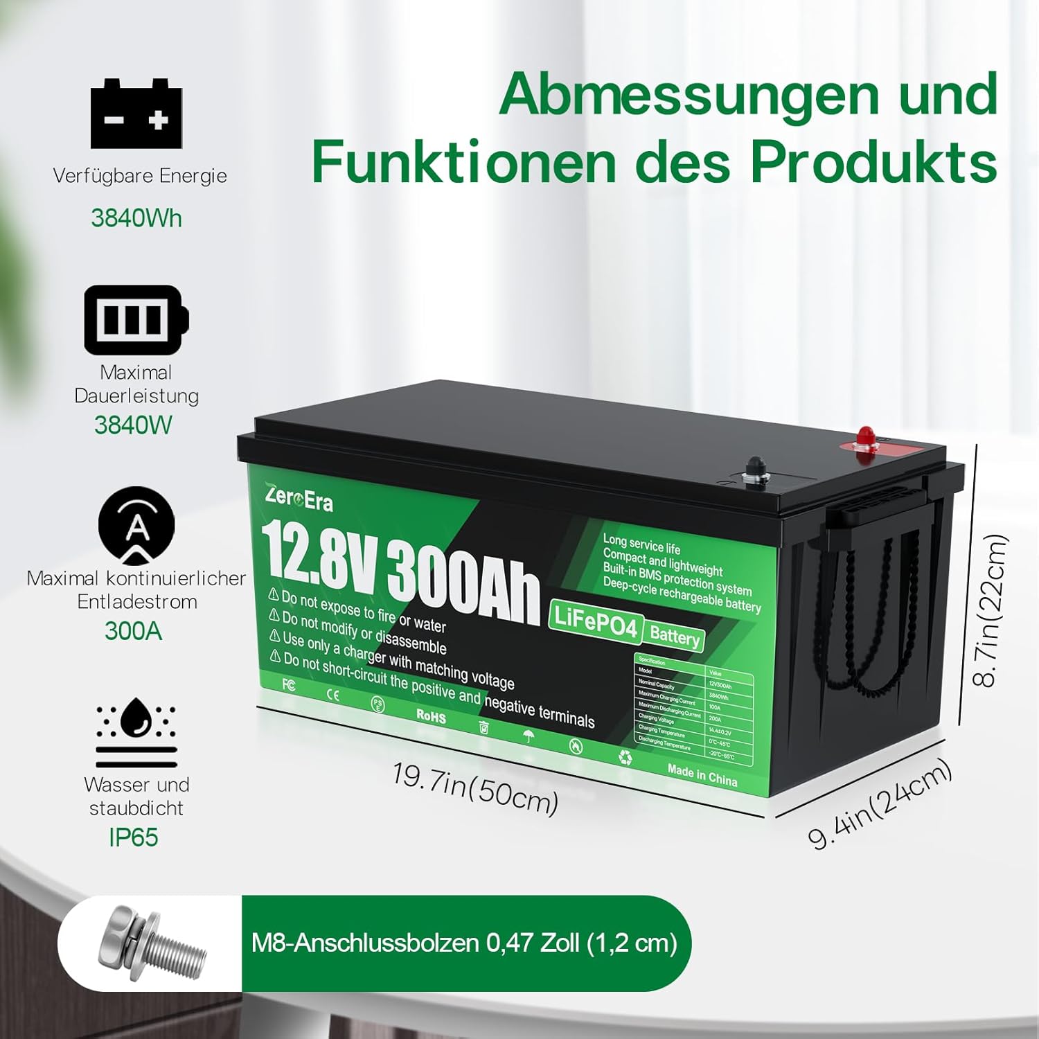 LiFePO4 Batterie 12V 300Ah,3840Wh Lithium Battery mit Temperaturschutz von 200A BMS,15000+ Deep Cycle, Unterstützt Serien/Parallelschaltung für Haushaltsspeicher,Wohnmobil