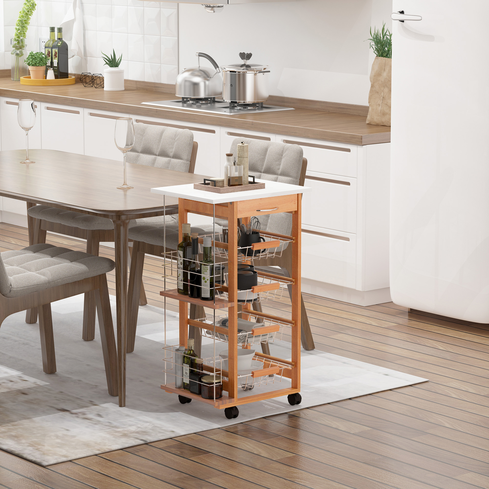 HOMCOM Küchenwagen in Braun aus Holz mit 1 Schublade und 4 Metallkörben