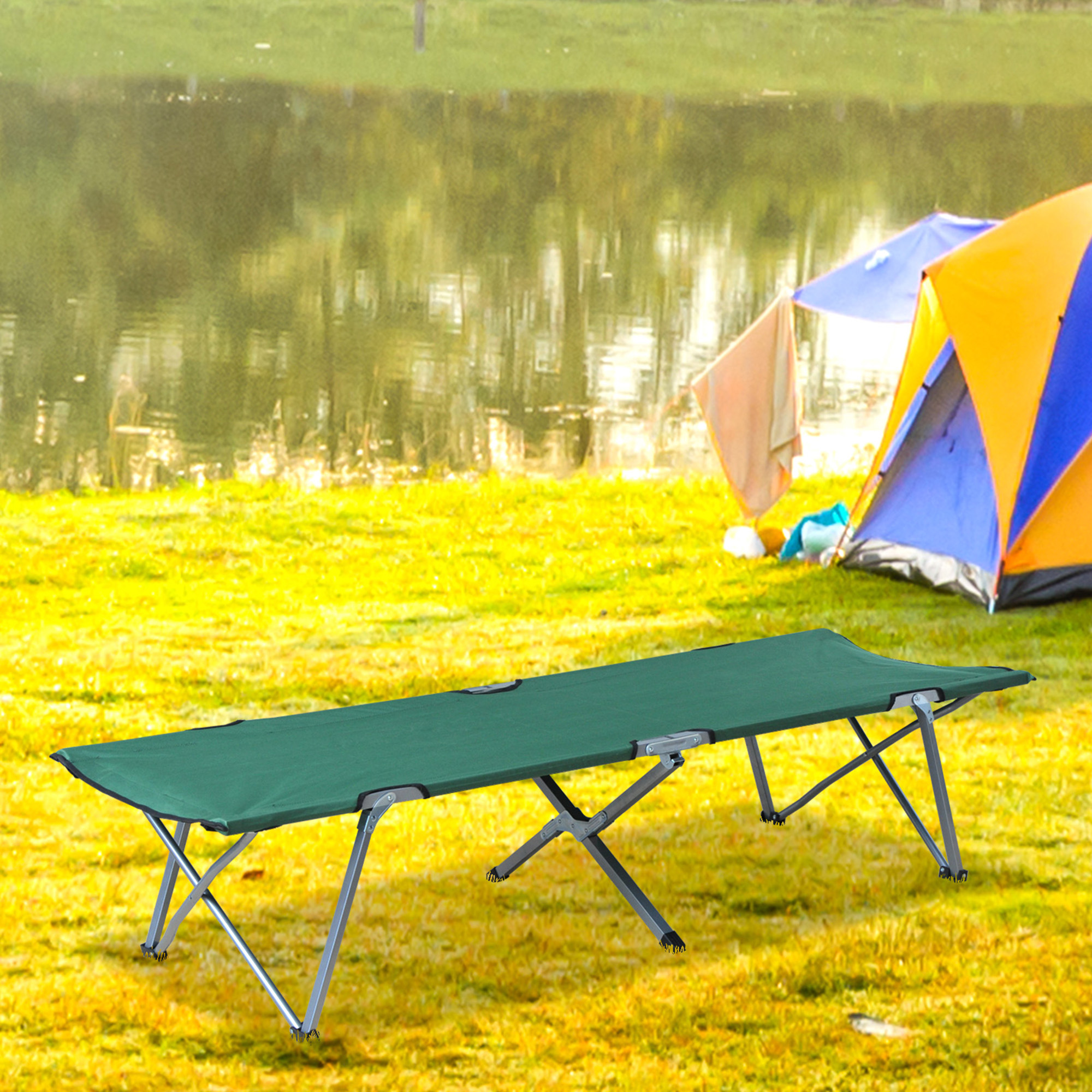 Outsunny Feldbett, Klappbett 193 x 64 x 40 cm mit Transporttasche aus Oxford-Polyester Metall in Grün und Grau