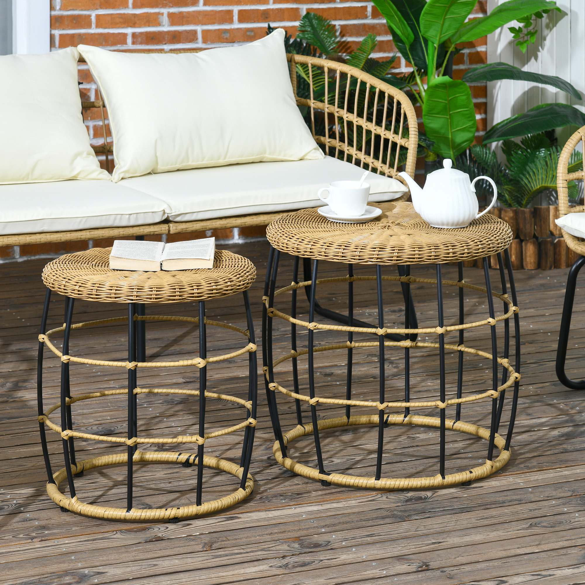 Outsunny 2er-Set Gartentische Balkontische, Boho-Stil, wetterbeständig, Schwarz + Khaki