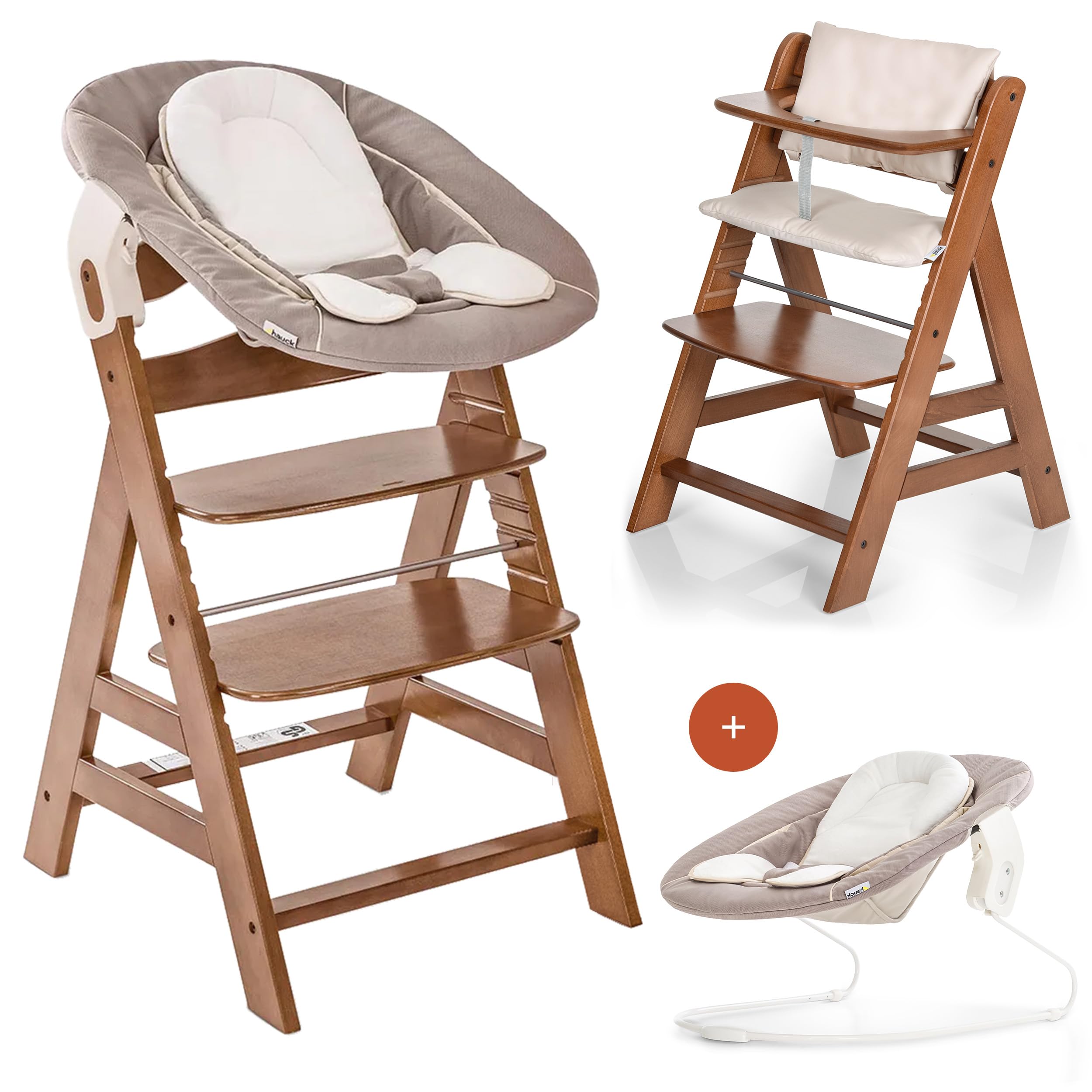 hauck Alpha+ Hochstuhl Newborn Set mit 2in1 Bouncer Walnuss höhenverstellbar mitwachsend für Babys