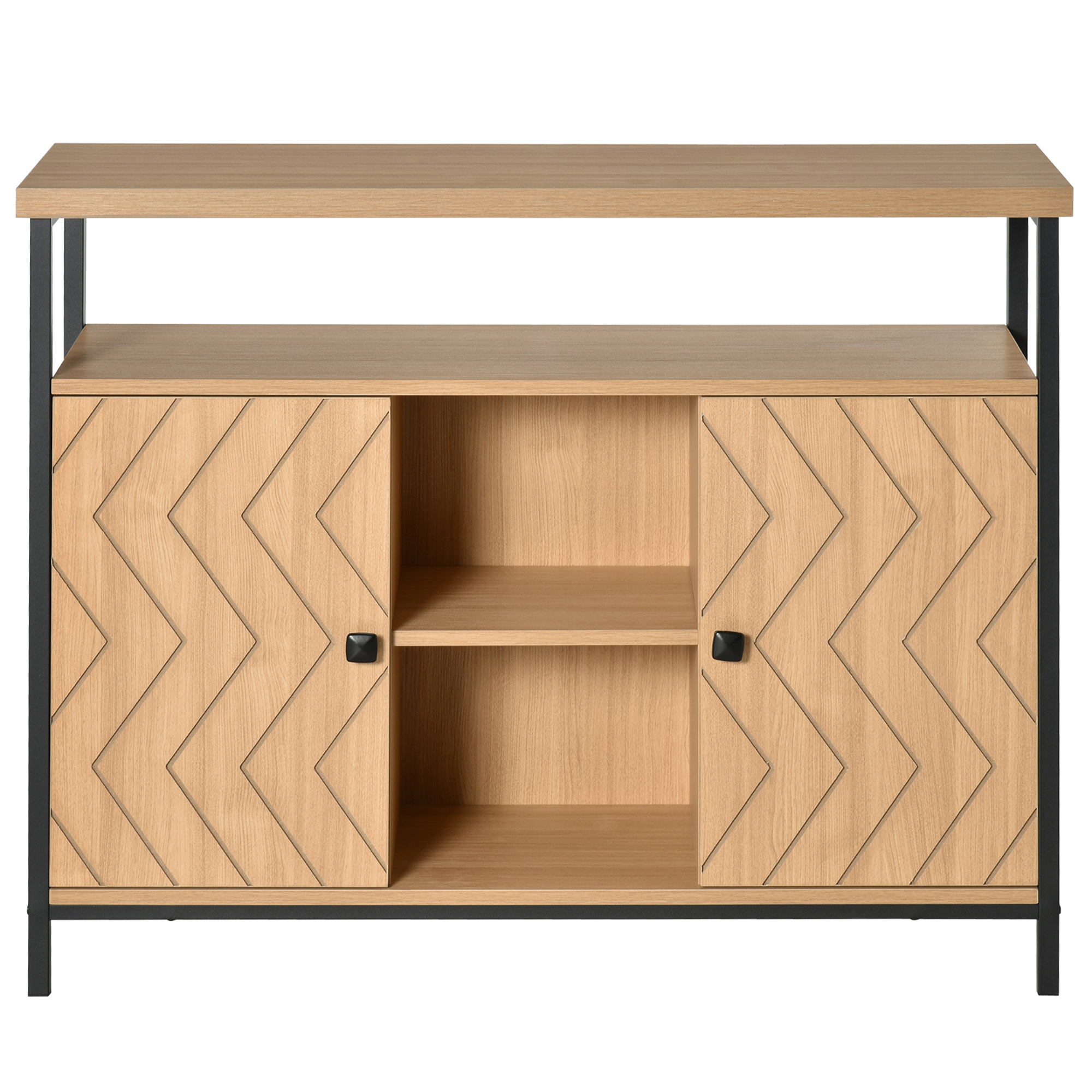 HOMCOM Aufbewahrungsschrank Buffet mit grafischem Stil, 2 Schränke, Tür mit Regal, 2 Nischen, großem Plateau, schwarzem Metall, Eichenoptik MDF