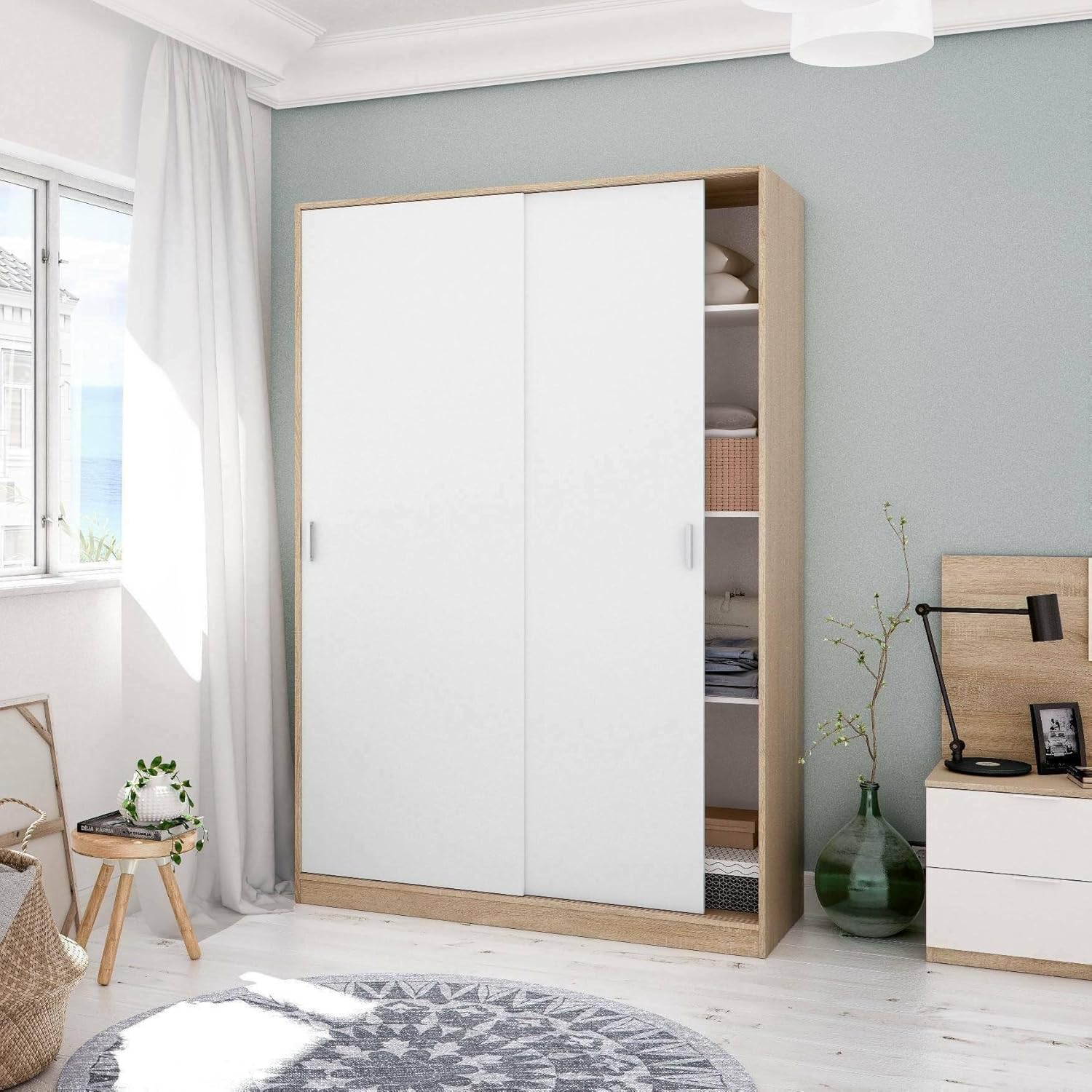 Dmora - Waterbury 2 Door Wardrobe, Bedroom Wardrobe with 4 Shelves and Hanging Rail 120 x 50 x 200 cm, Oak and White