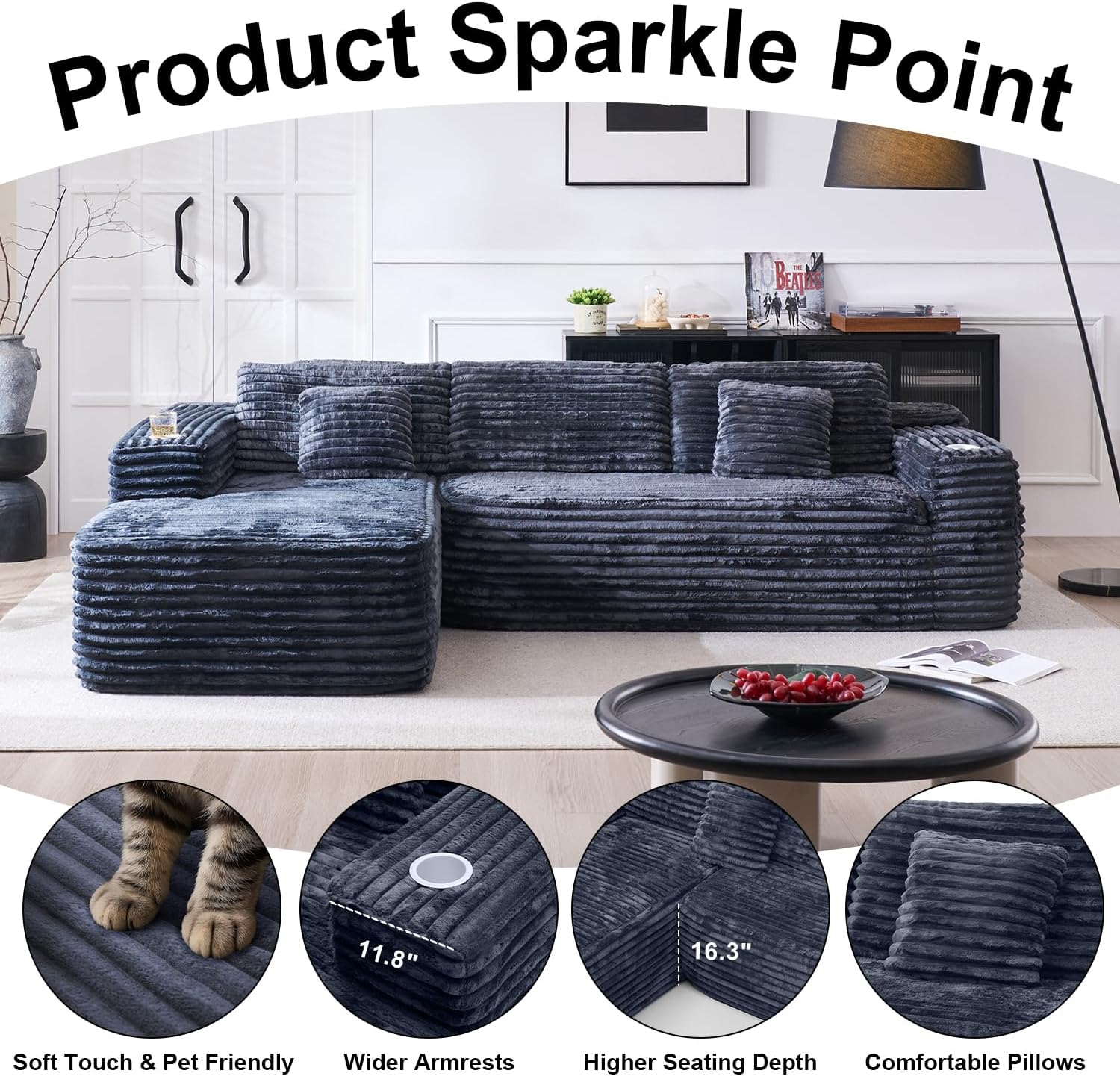 Cloud section sofa with L-shaped recliner modern modular sofa built-in cup holder