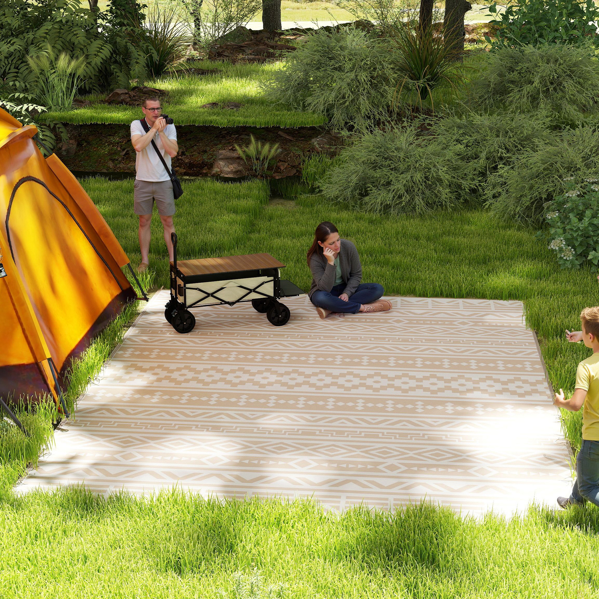 Outsunny Outdoor-Teppich, beidseitig verwendbar 3,7 x 2,7 m, Bodenteppich mit geometrischem Mauerdesign aus PP, Transporttasche in Khaki und Beige