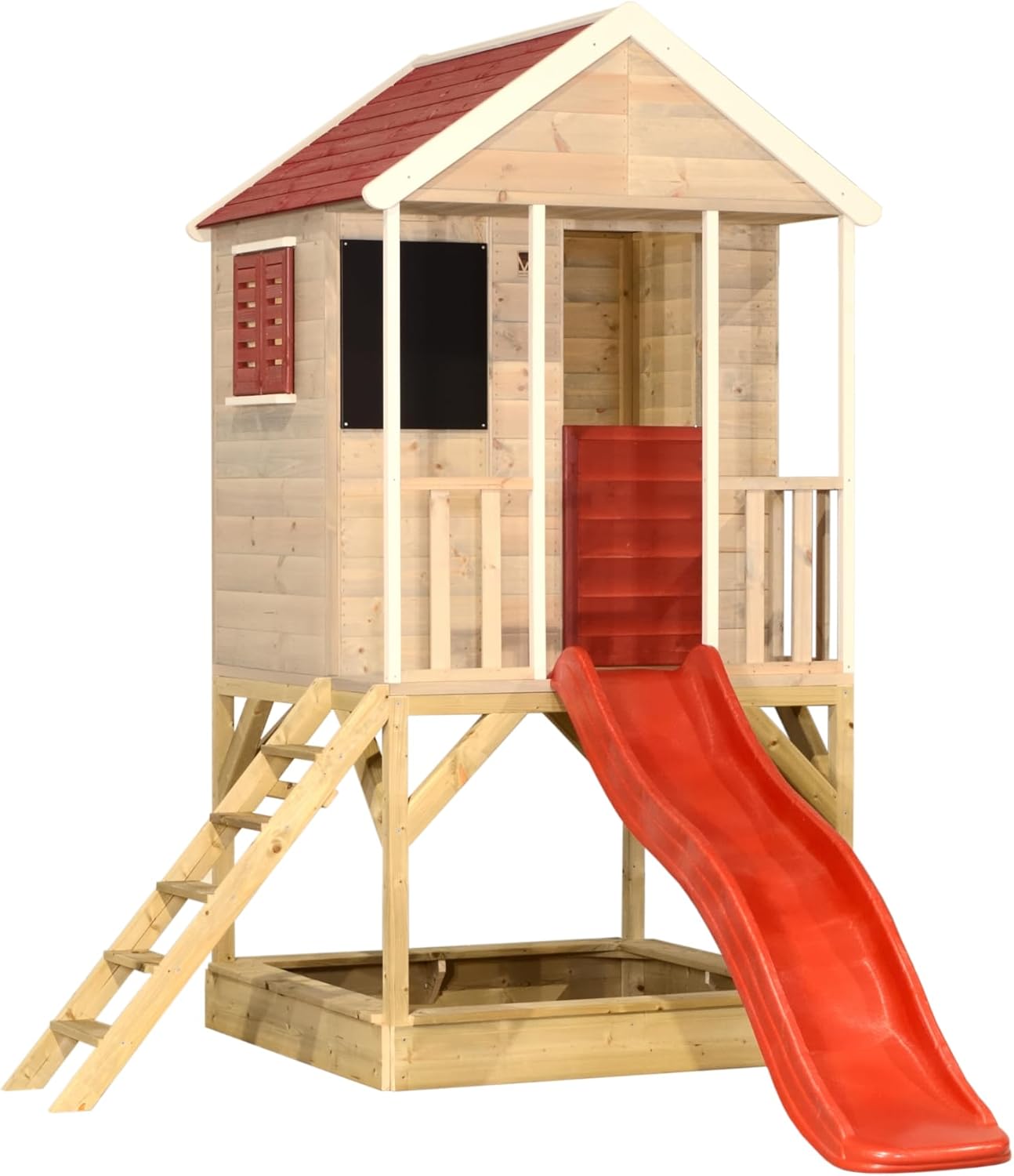 casetta da giardino per bambini con scivolo, torre gioco in legno FSC per bambini, 280×197×242 cm con pavimento, scivolo, struttura esterna resistente, rossa - M7R