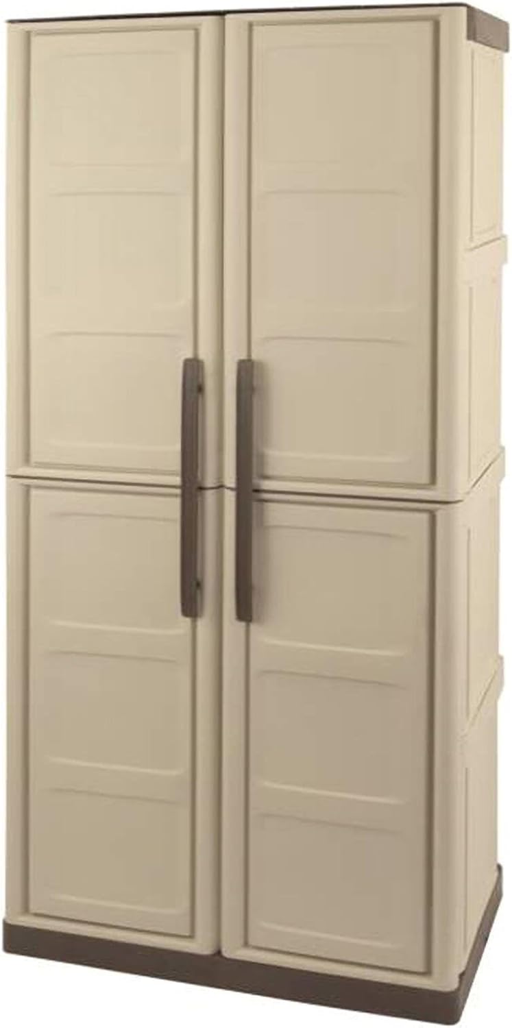 Dmora - Armadio da esterno Marchin, Mobile balcone multiuso, Armadietto outdoor 2 ante, 100% Made in Italy, Beige e Marrone, Finitura quadri, 70x39h165 cm