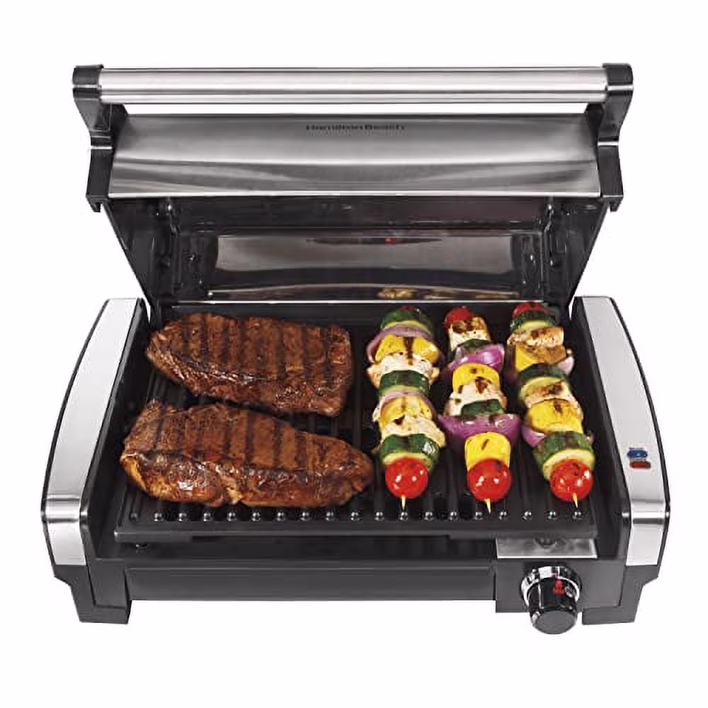 Hamilton Beach Electric Indoor Searing Grill with Adjustable Temperature Control to 450F, Removable Nonstick Grate, 118 sq. in. Surface Serves 6, Stainless Steel