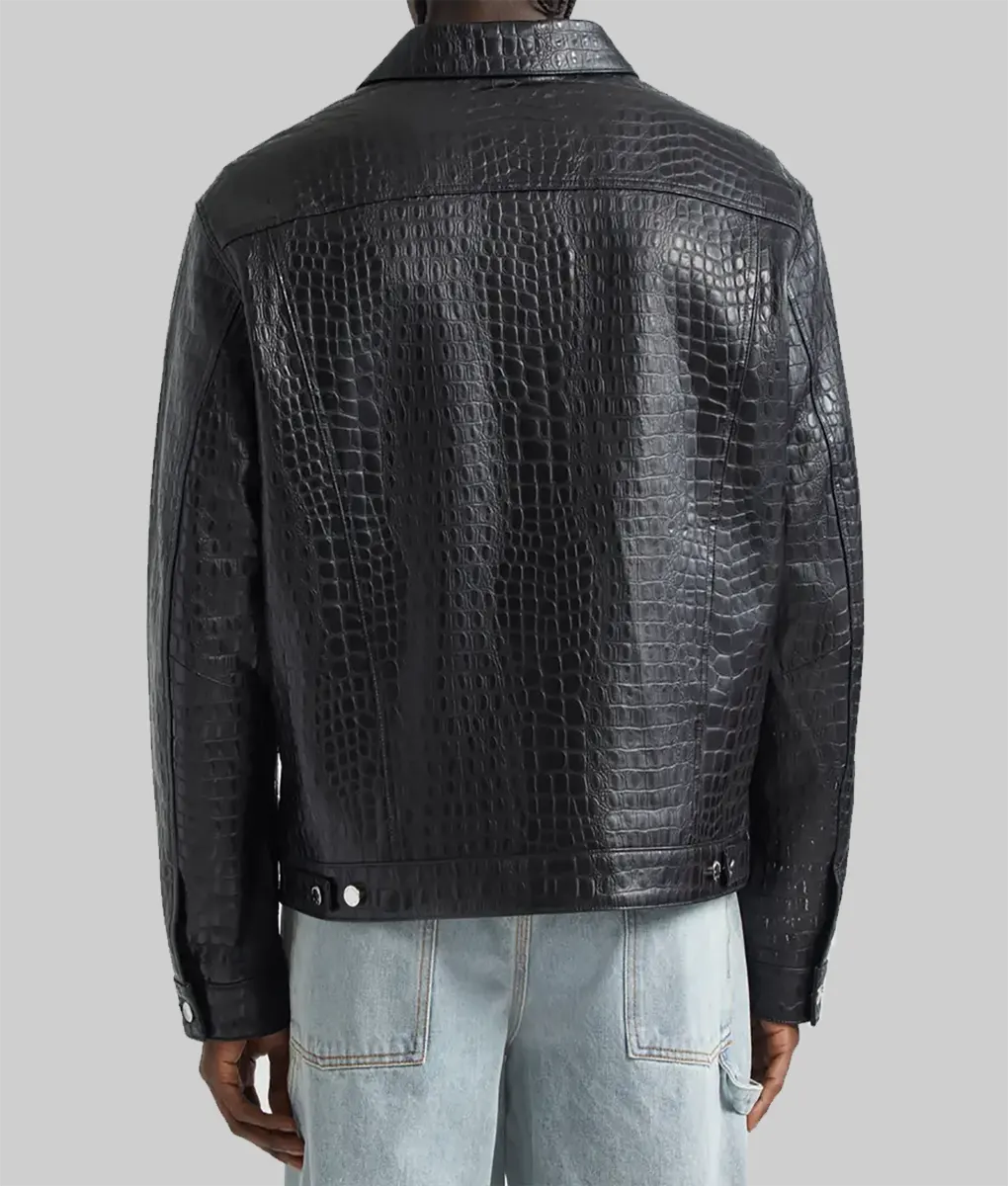Archer Black Crocodile Pattern Leather Trucker Jacket
