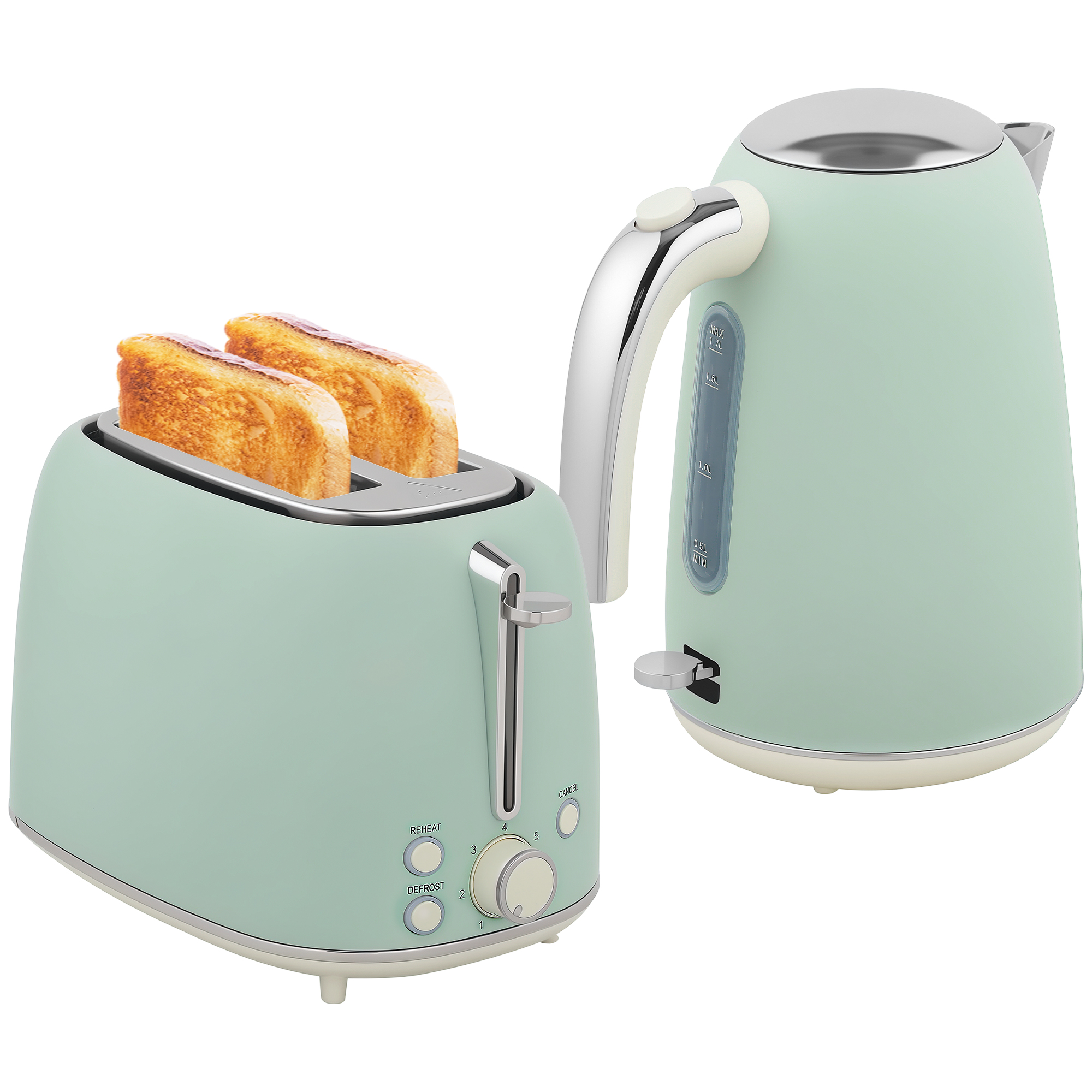 HOMCOM Set Wasserkocher und Toaster, Edelstahl-Wasserkocher 1,7 L und 2200 W und 2-Scheiben Toaster, grün