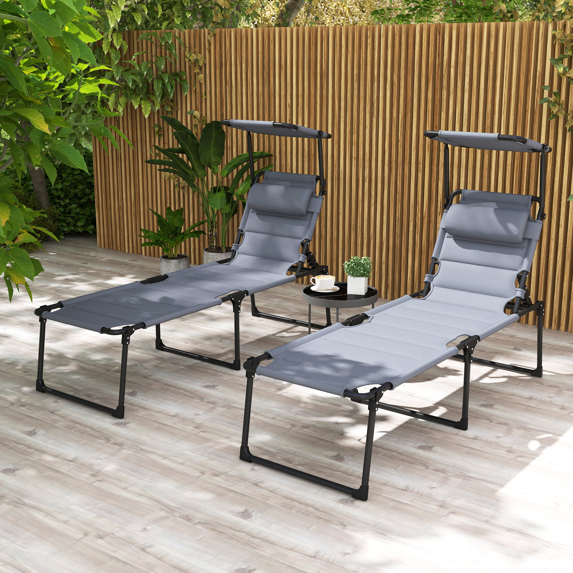 Outsunny 2er-Set Sonnenliegen, klappbare Liegestühle mit großem Komfort, verstellbare Sonnenschutztasche, mehrere Positionen, grau