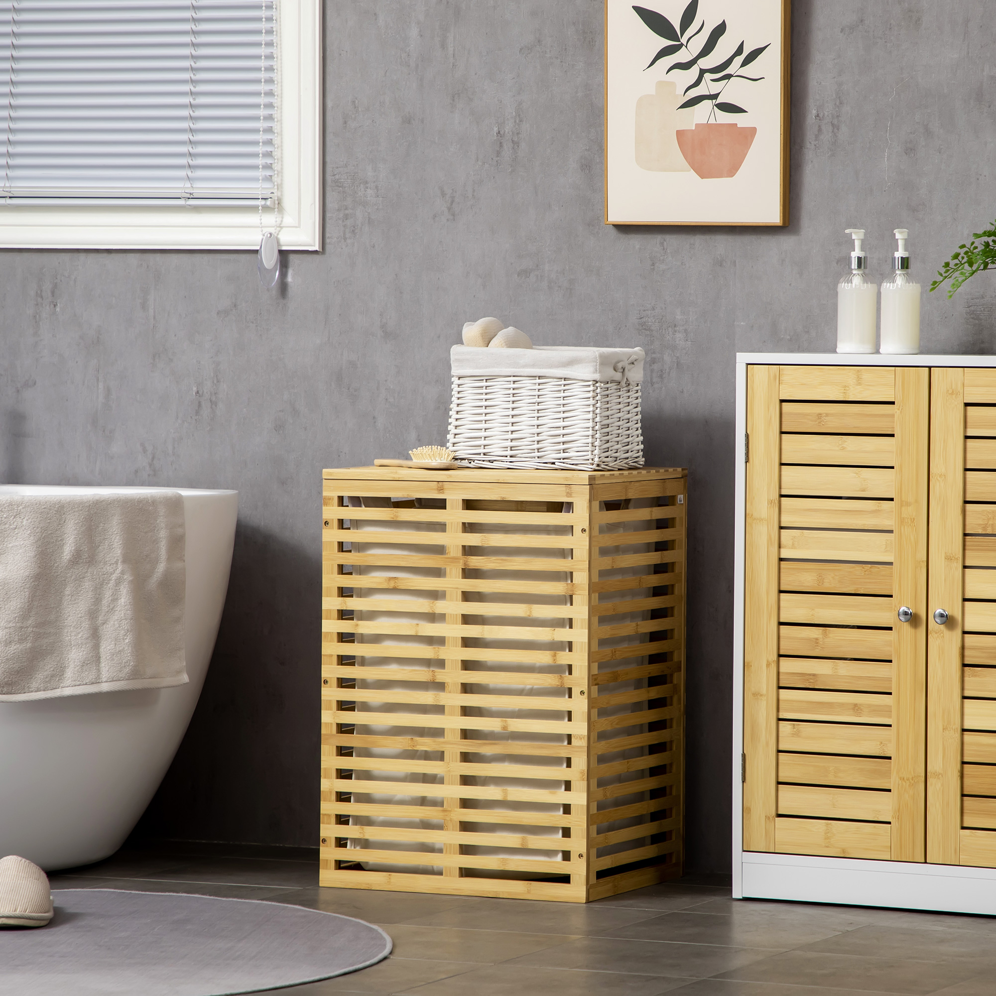 Bamboe Wasmand 63 L met Deksel en Uitneembare Waszak, Stok 44 x 37 x 62,5 cm in Natuurhout