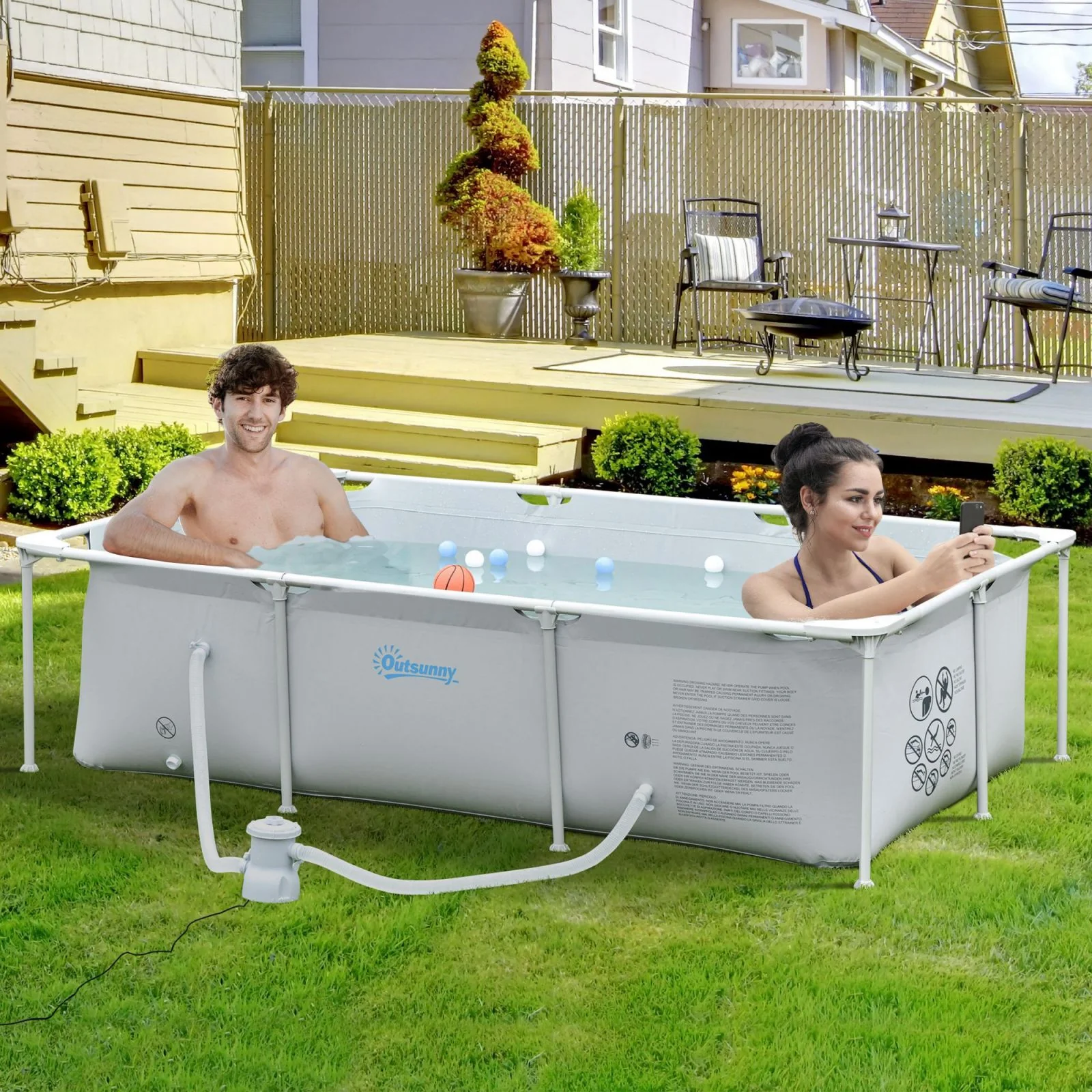 Easycomfort Piscina Fuori Terra Autoportante, Piscina Rigida Rettangolare con Filtro e Valvola in Acciaio e PVC, Grigio, 252x152x65cm