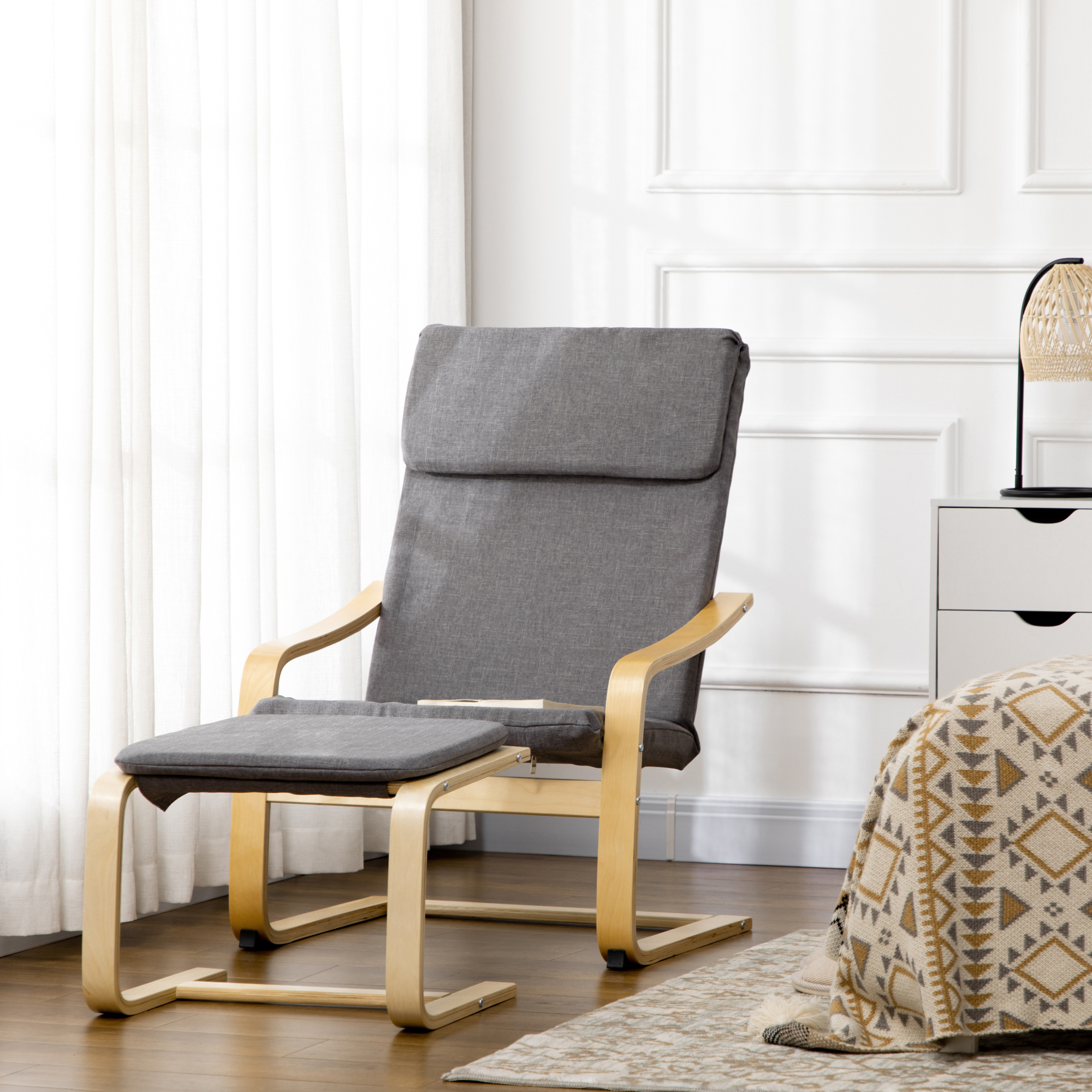 HOMCOM Sessel mit Fußhocker, Sessel-Set, bis 120 kg, Leinenoptik, Massivholz, Grau + Natur, 66,5 x 80 x 99 cm