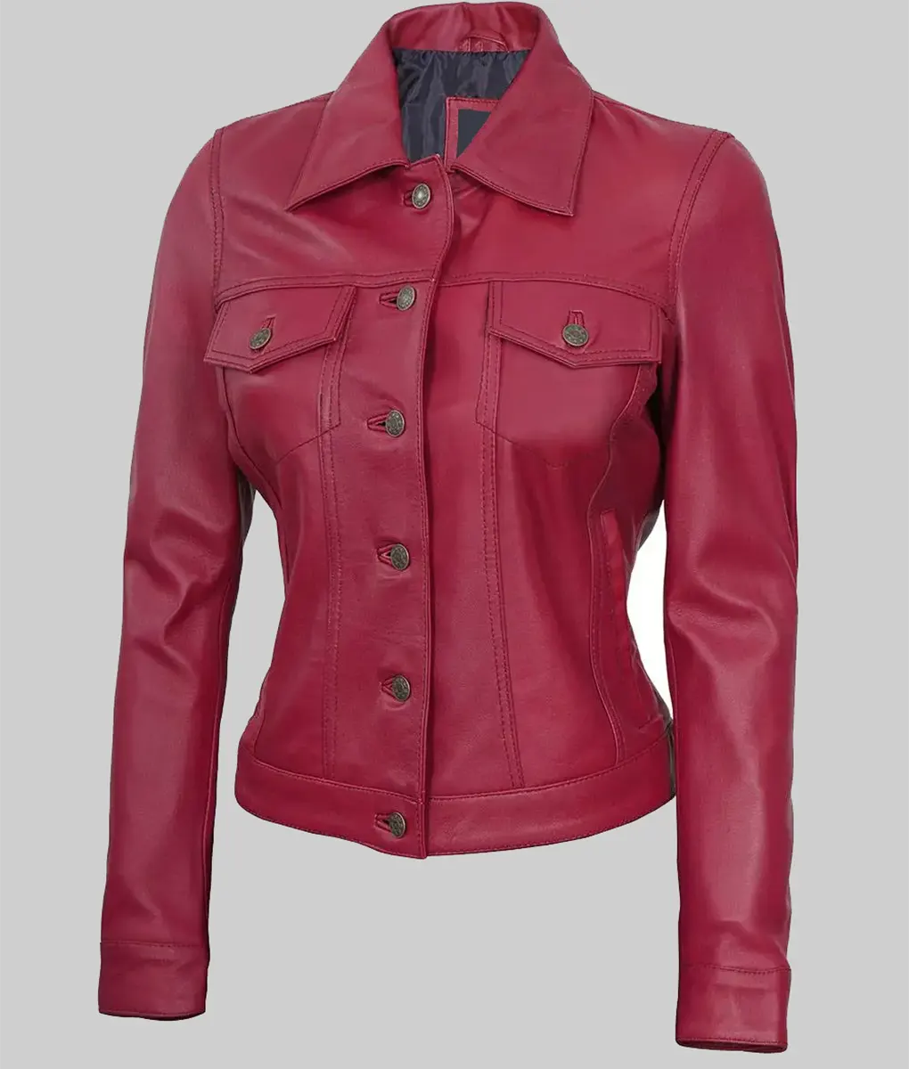 Loraine Pink Leather Trucker Jacket