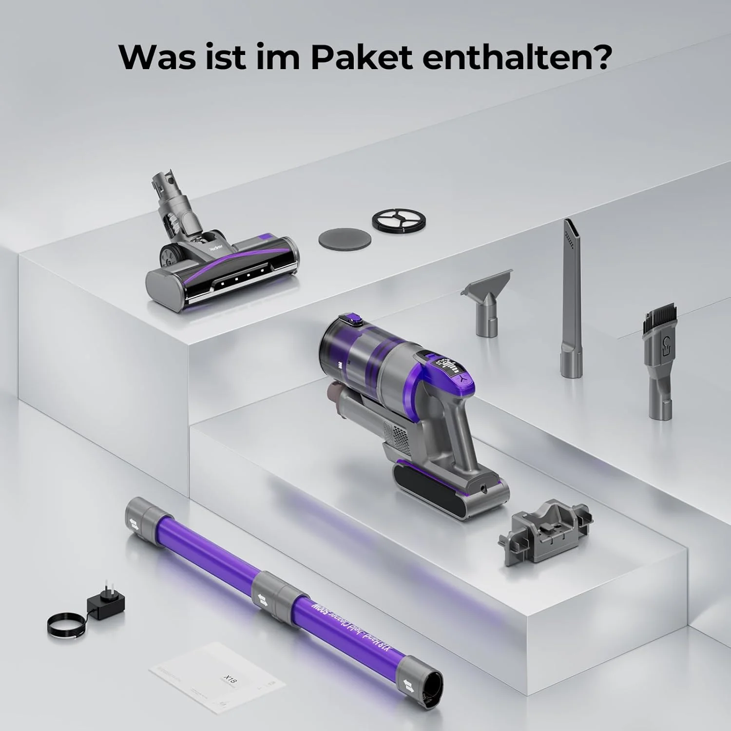 Redkey X18 Accu Stofzuiger, 500W 33000Pa Ultrahoge Zuigkracht, 65 Minuten Ultralange Accuduur, Intelligente Automatische Modus, 8-in-1 Draadloze Stofzuiger met LED-Borstel, 2000mAh Verwisselbare Accu