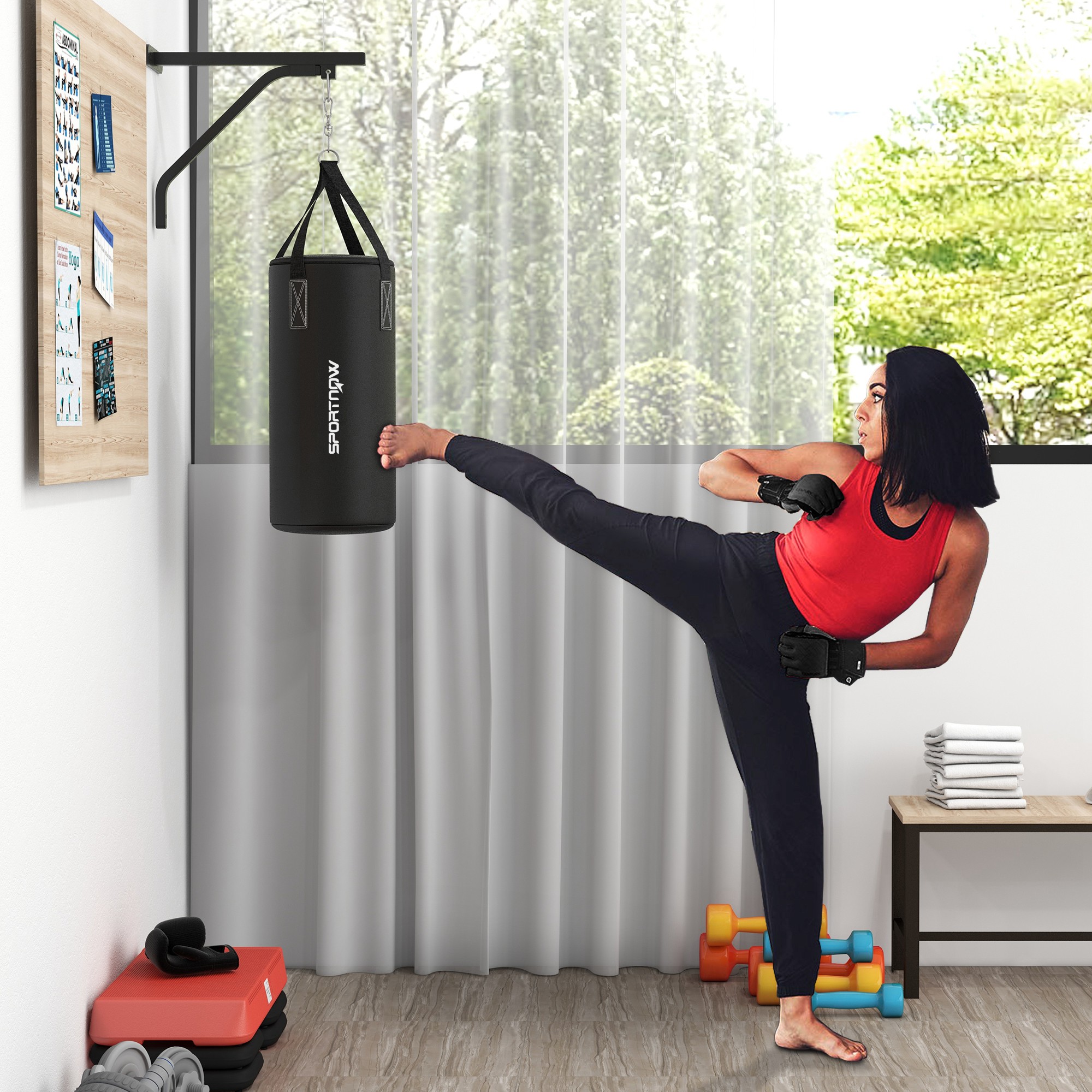 SPORTNOW Boxsack, befüllbar, mit Wandhalterung, Handschuhen und Bandagen, bis 45 kg, Schwarz