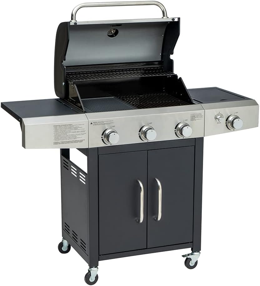 Barbecue a Gas Professionale XXL Con 4 Fuochi Multifunzione Da 13 KW, Completo Di Bruciatore Laterale, Coperchio, Termometro, Griglia In Ghisa, Ruote E Struttura In Acciaio Inox