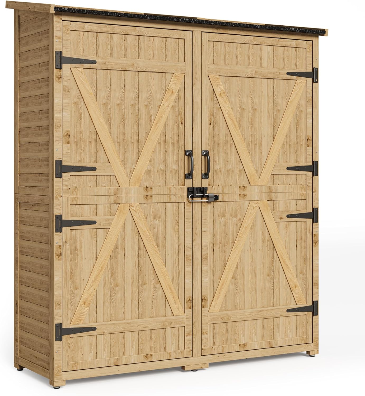 Gartenschrank Holz, Outdoor Geräteschrank, Gerätehaus mit Tür, Böden, Geräteschrank, Gartenhaus, Gartenschuppen für Garten, Terrasse & Balkon, 140x44x162cm, Natur