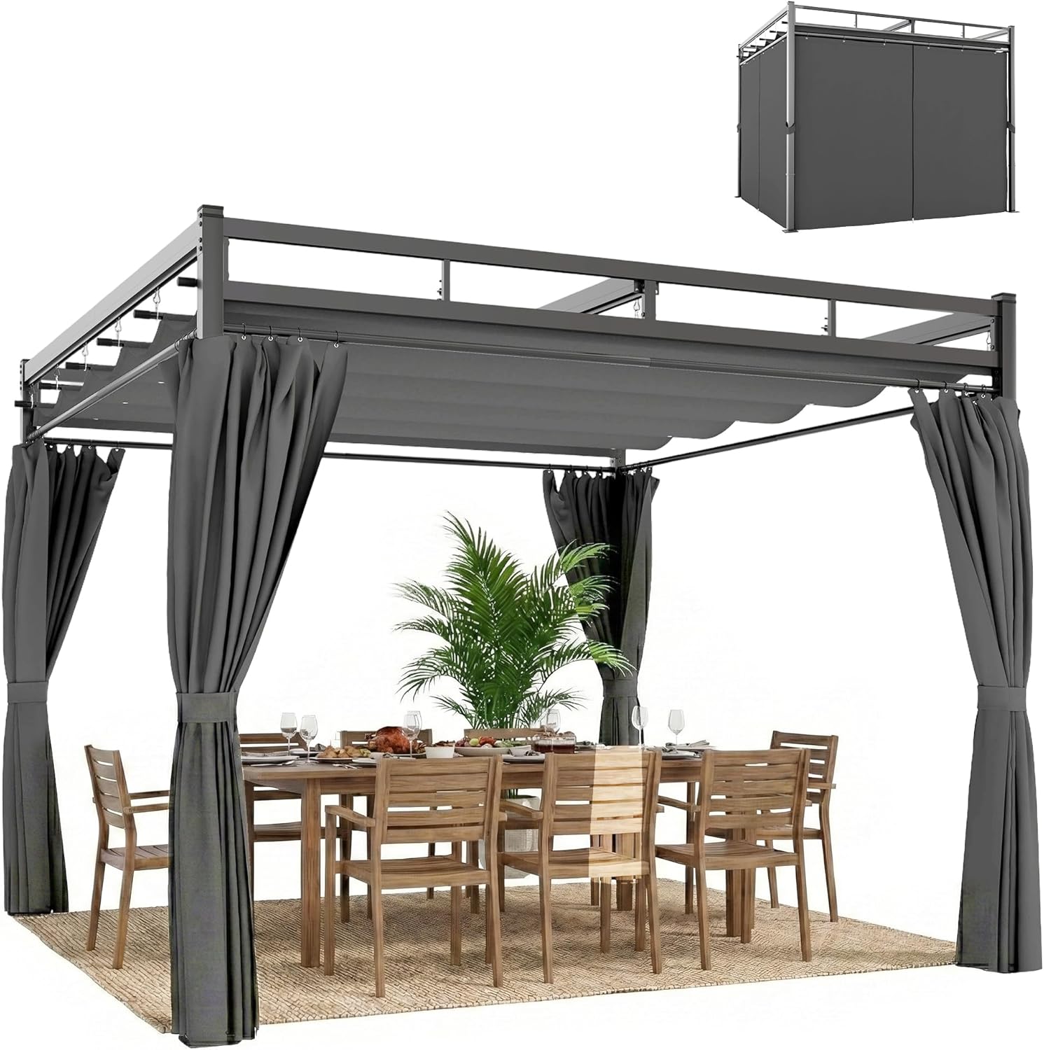 Outsunny Gazebo Pergola 3x3 m con Tetto Retrattile Scorrevole, 4 Pareti Laterali, Fori di Drenaggio, Pergolato da Giardino in Poliestere e Acciaio, per Patio, Terrazzo, Esterno, UV30+, Grigio Scuro