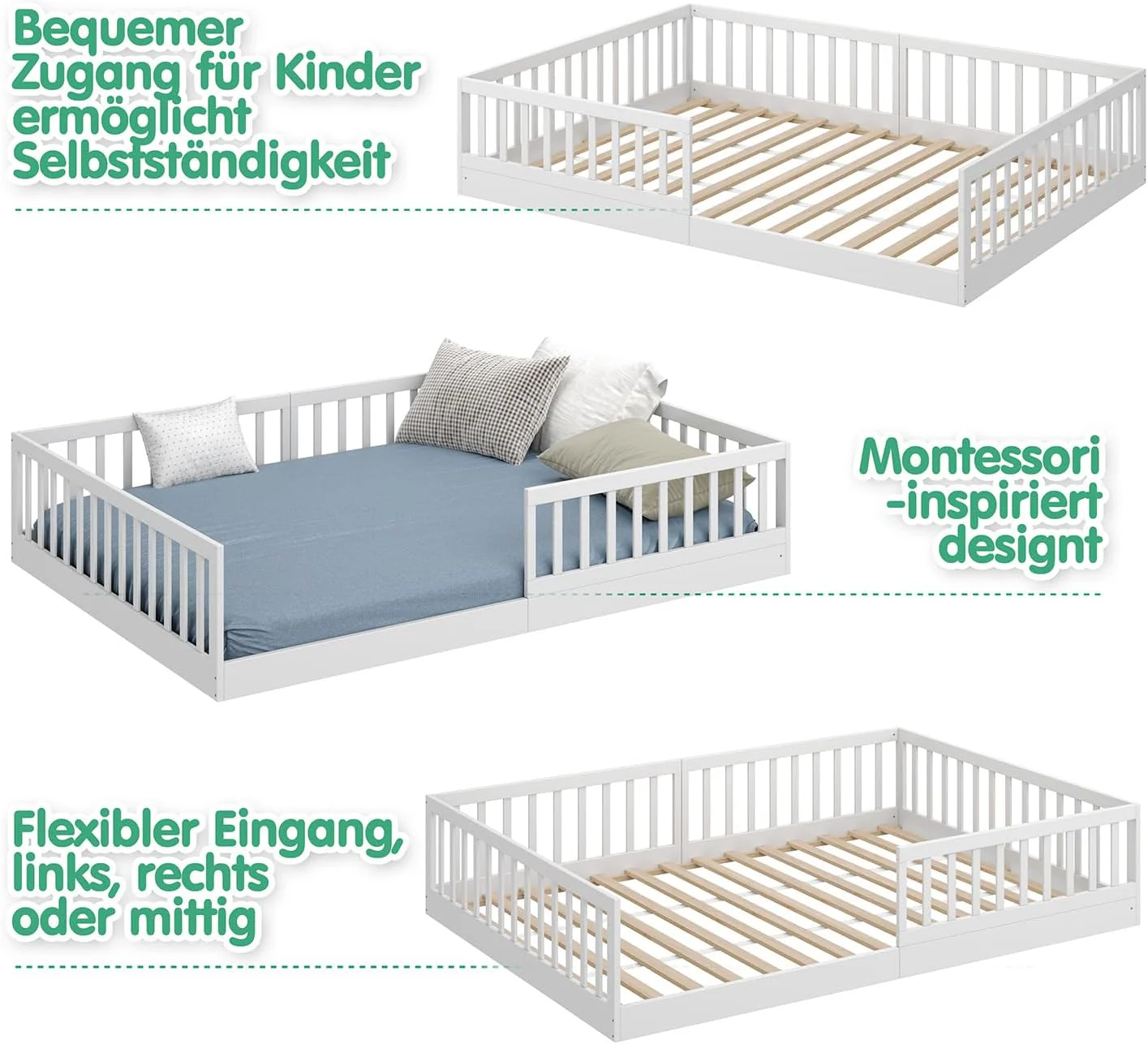 CADANI Timi 2-in-1 Vloerbed 140x200 cm Montessori Kinderbed met uitneembare valbeveiliging incl. lattenbodem, massief grenenhout, wit - 3 opbouwmogelijkheden, belastbaar tot 200 kg, ombouwbaar
