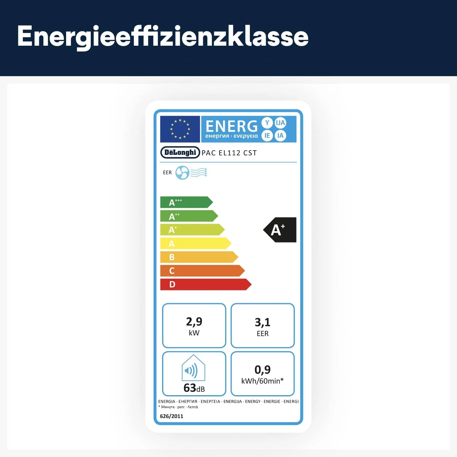 De'Longhi Pinguino PAC EL112 CST mobiele airconditioner met afvoerslang, airconditioning voor ruimtes tot 110 m3, luchtontvochtiger, ventilatiefunctie, 24-uurs timer, zwart