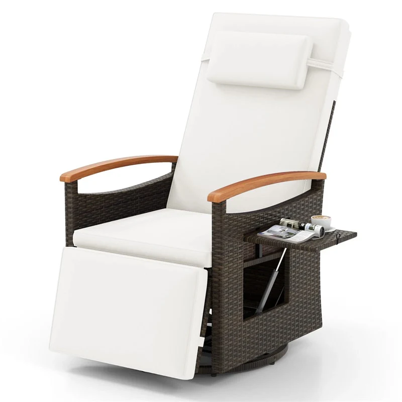 Outdoor Rattan 360° Swivel Recliner Chair, Patio Wicker Chaise Lounge Chair with Adjustable Backrest & Footrest, Flip Side Table & Cushions
