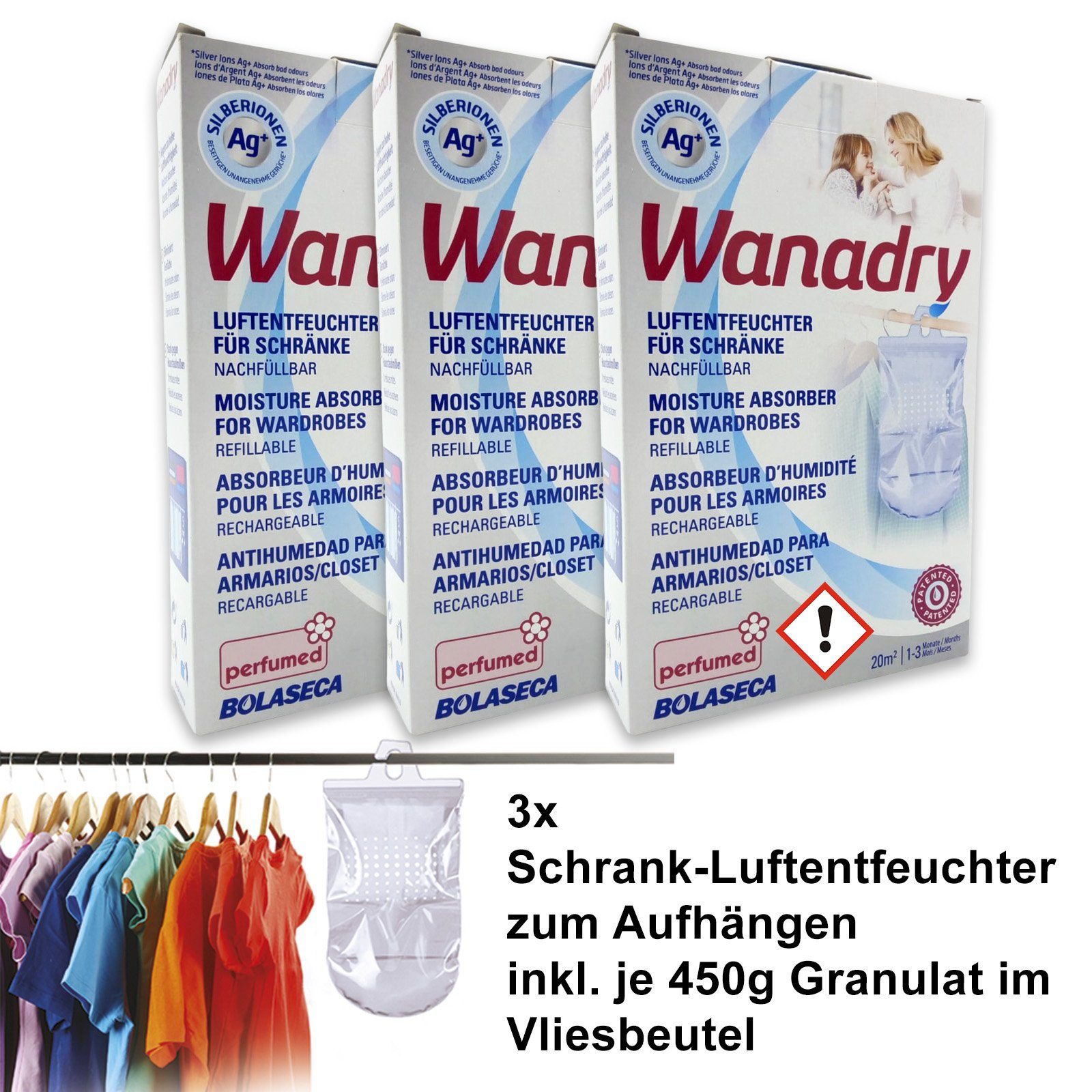 Luftentfeuchter-Nachfüllpack für Schränke, kleine Räume zum Aufhängen 3 Stück