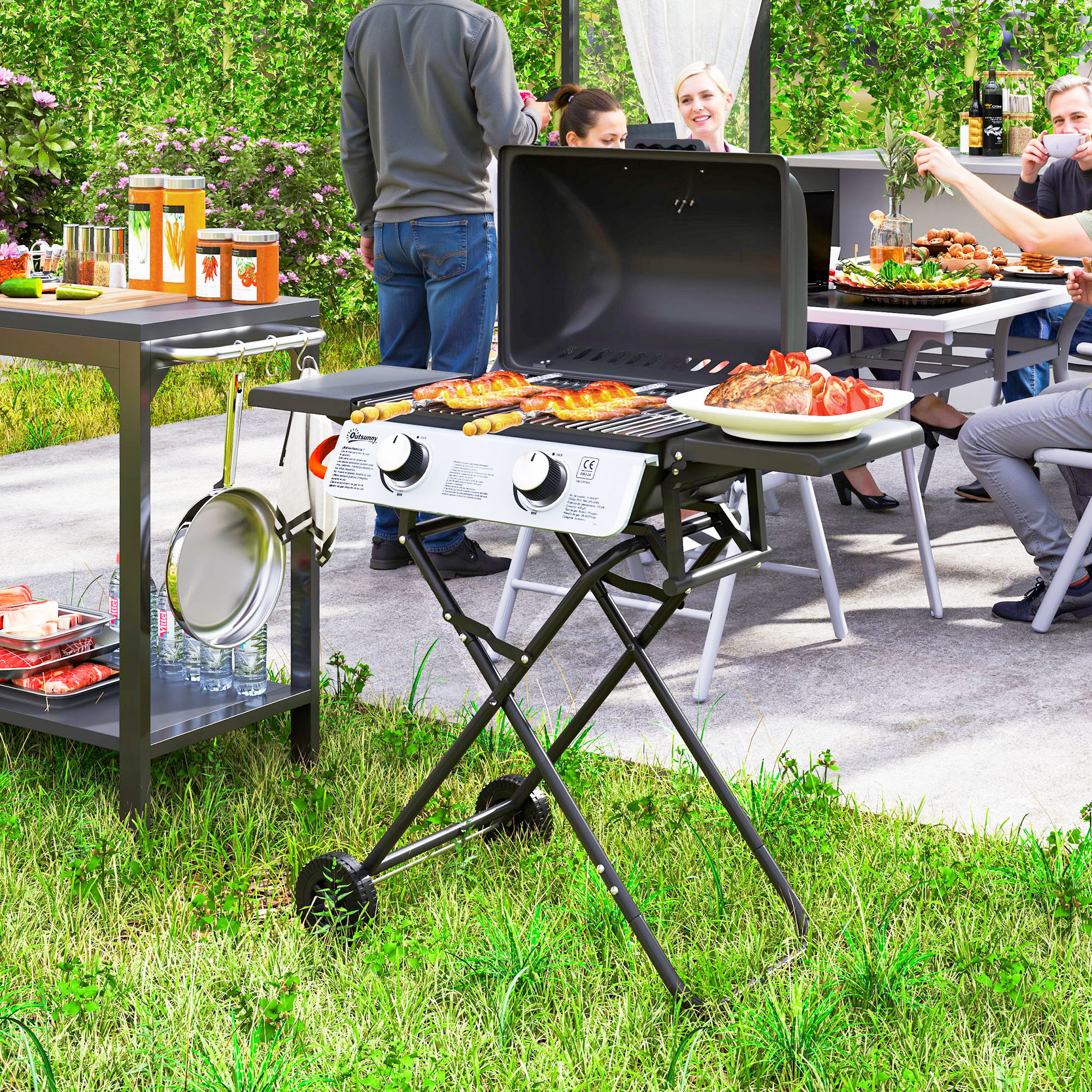 Outsunny Gasgrill 5,6 KW Grillwagen inkl 2 Edelstahl-Brenner klappbar Seitenablagen Rolle 101 x 50 x 102 cm Schwarz