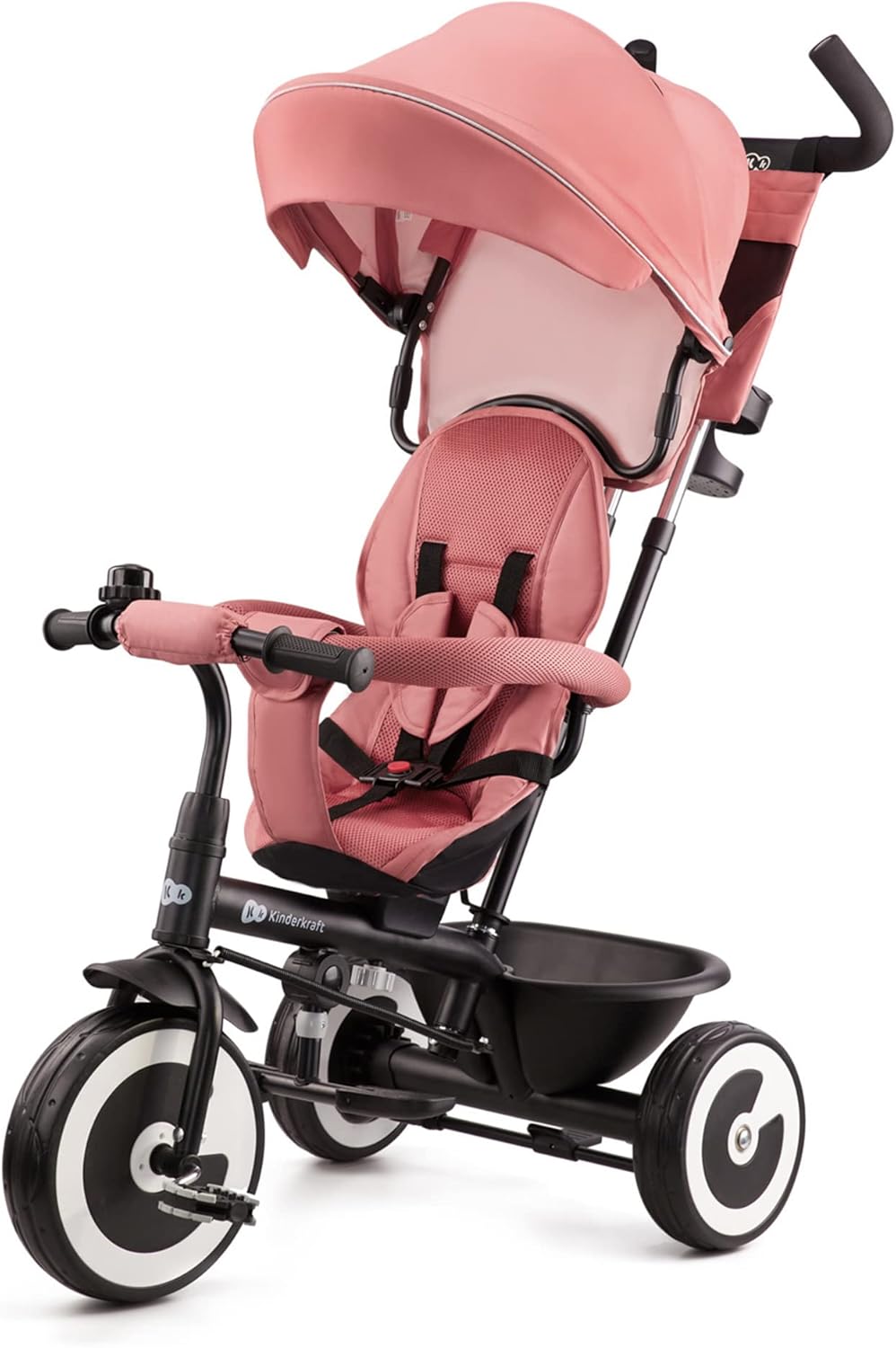 Kinderkraft ASTON Triciclo bambini dai 9 Mesi fino 25 kg, Passeggino con Maniglione regolabile, Bici, Sedile girevole Fronte Mamma e Strada, Cappottina pieghevole, Ruota libera, Verde