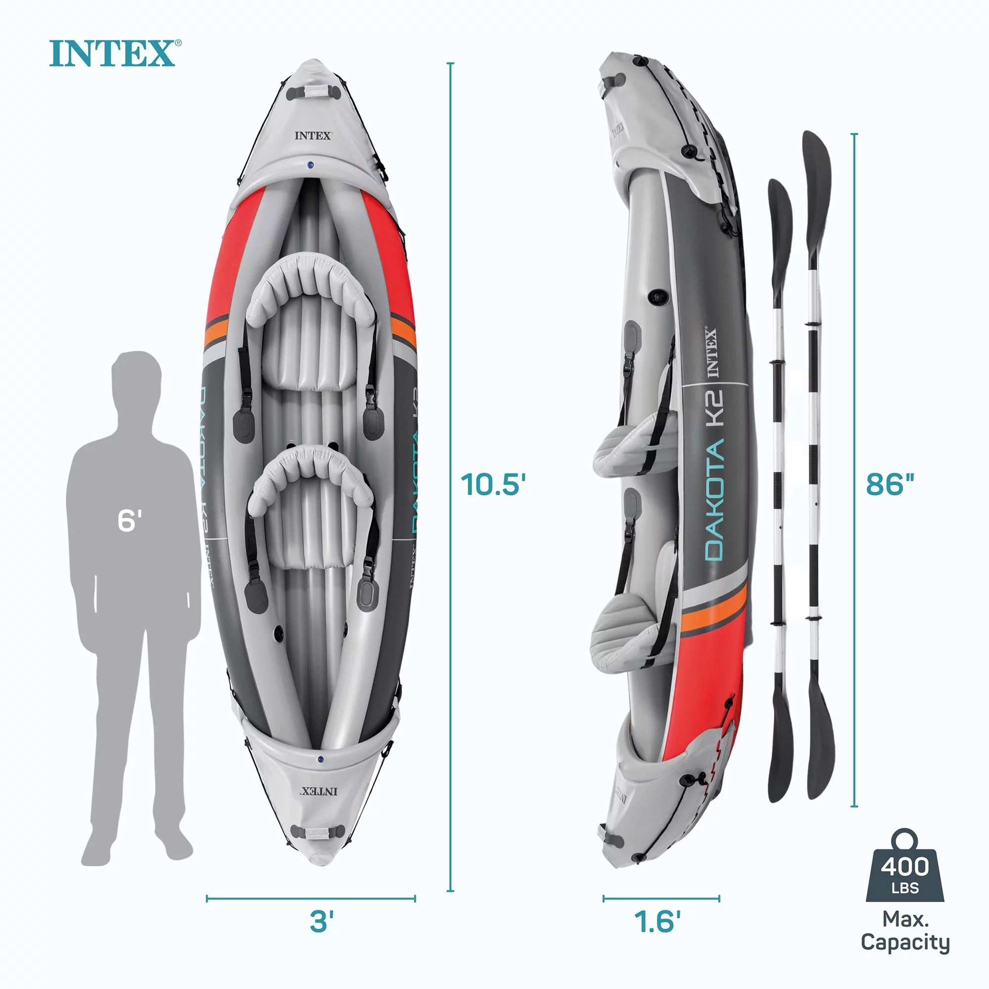 2025 Intex Dakota K2 Kayak inflable de vinilo para 2 personas, con remos y bomba – Caja abierta